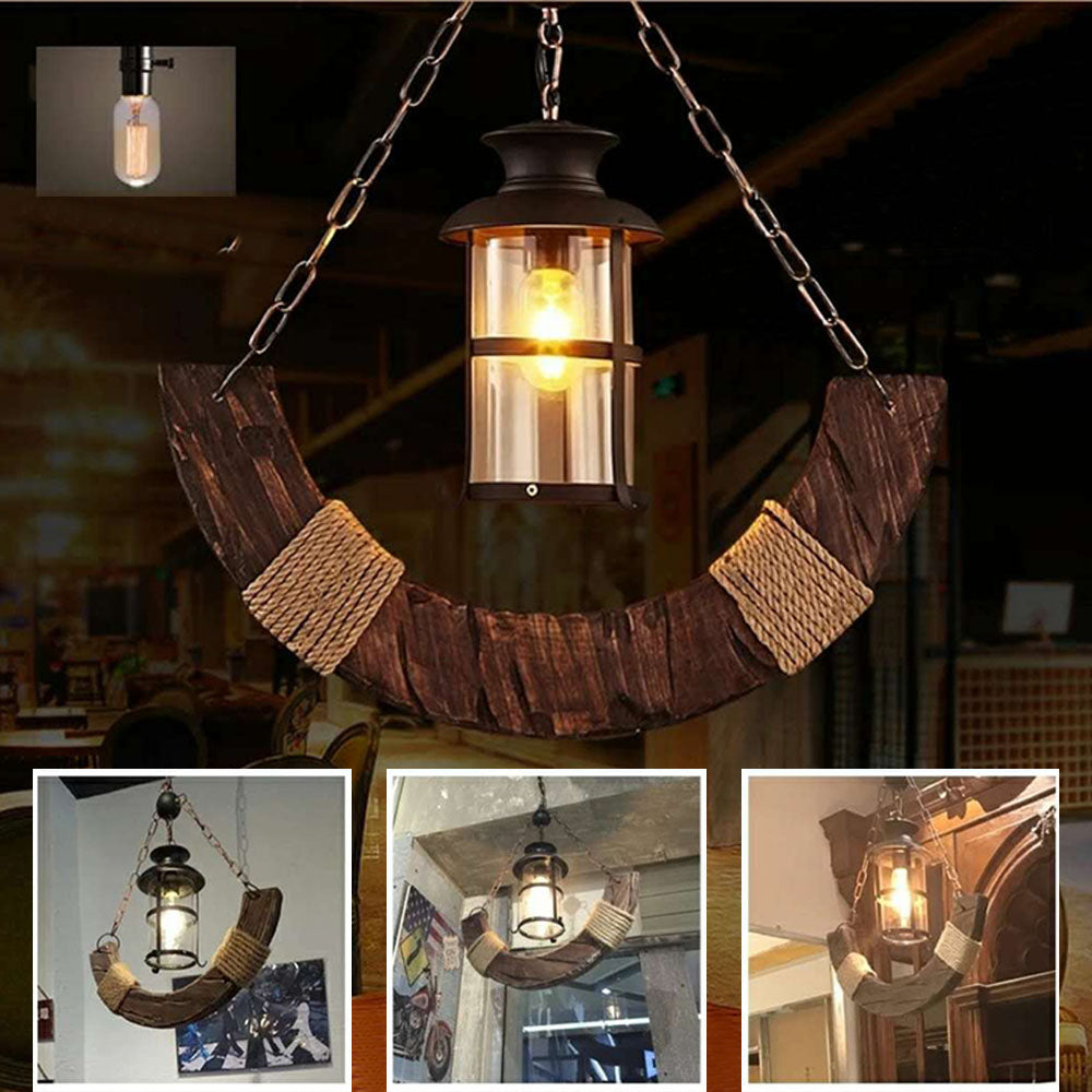 Epoch Retro Rustic Arc Metal/Wood Lantern Glass Pendant Light - Neutralighting