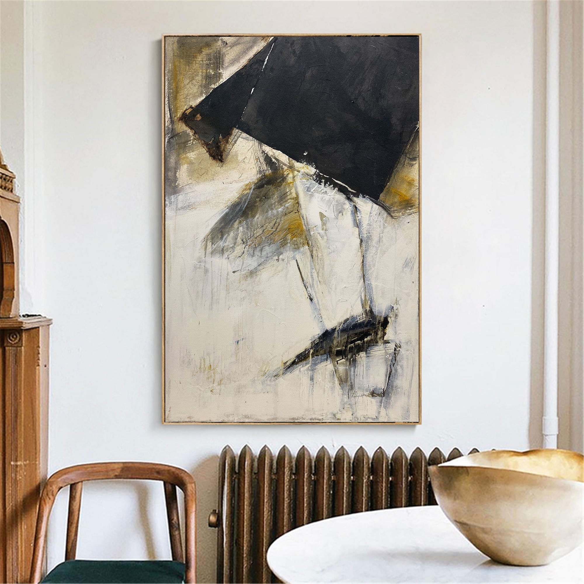 Black‑Gold Off‑White Vertical Geometric‑Fragment Impasto Artwork