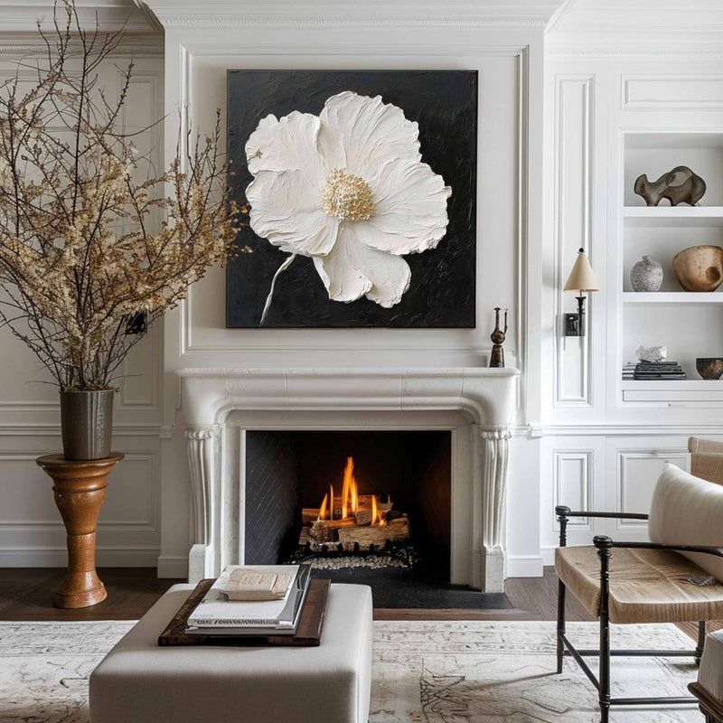 Wall Art White Flower Gold Textured Abstract Black Background Bedroom | Neutralighting