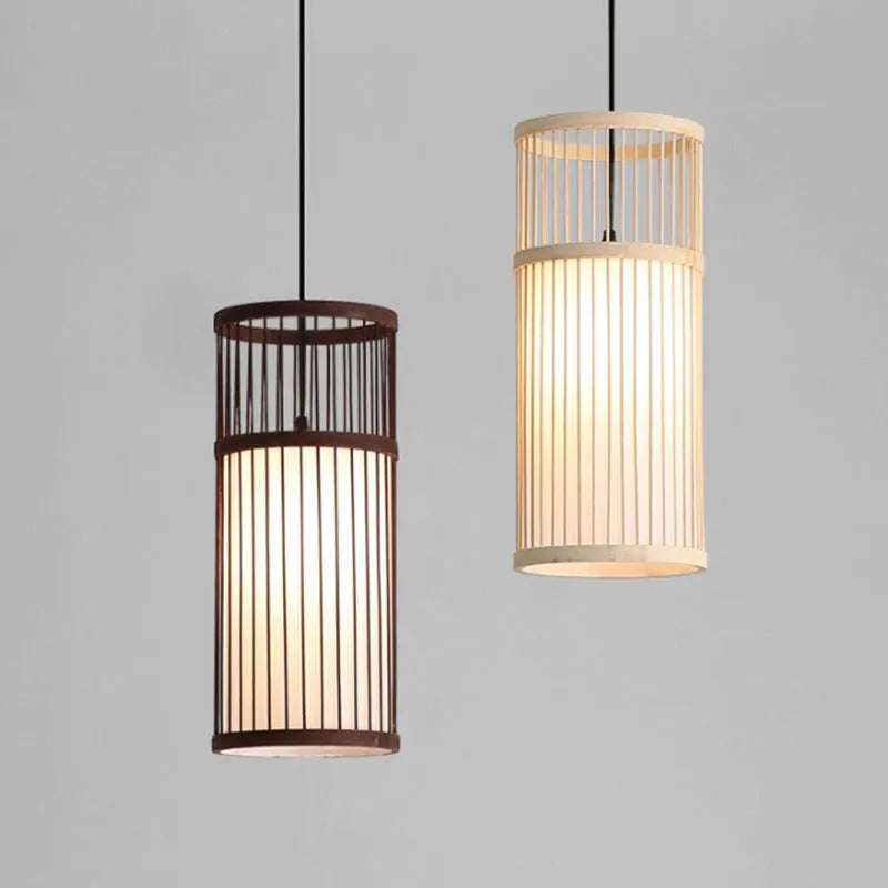 Ritta Weave Cylinder Pendant Light, Coffee/Wood, Metal/Bamboo - Neutralighting