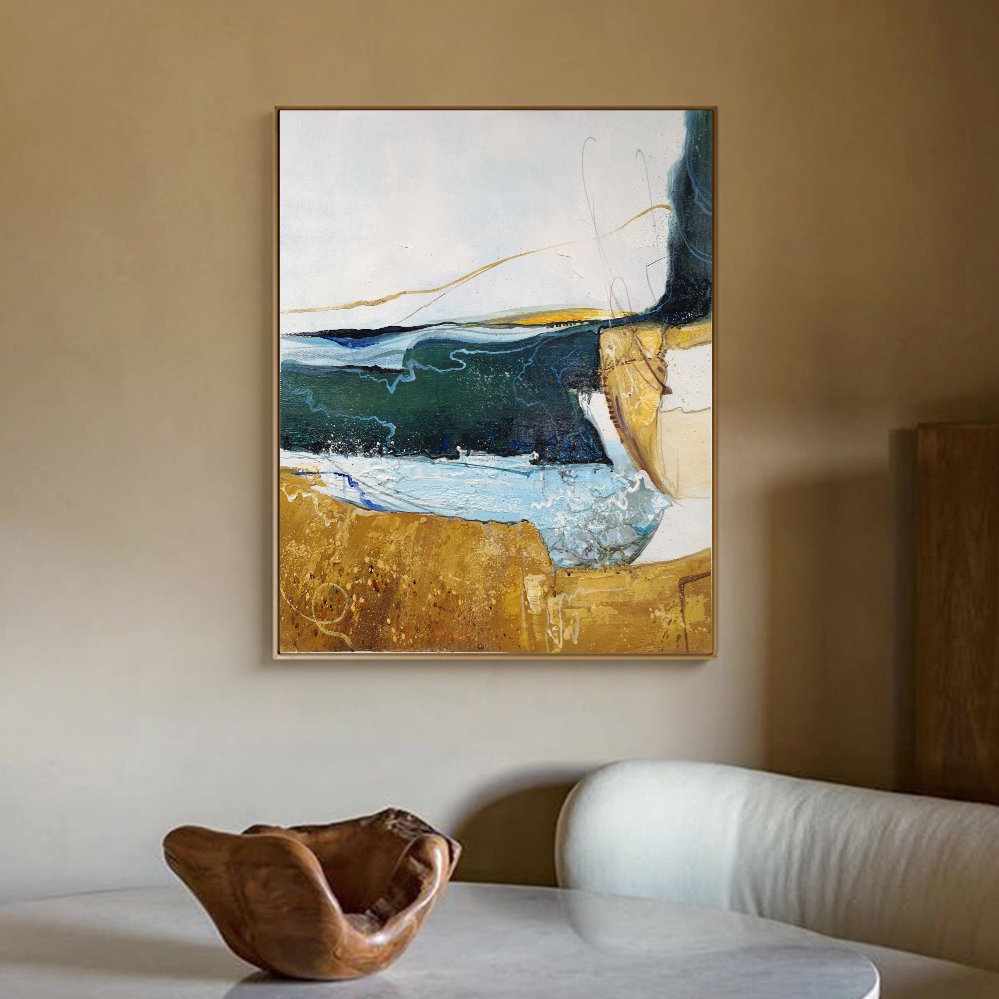 Coastal Abstract Blue Gold Organic Textured Wall Art
