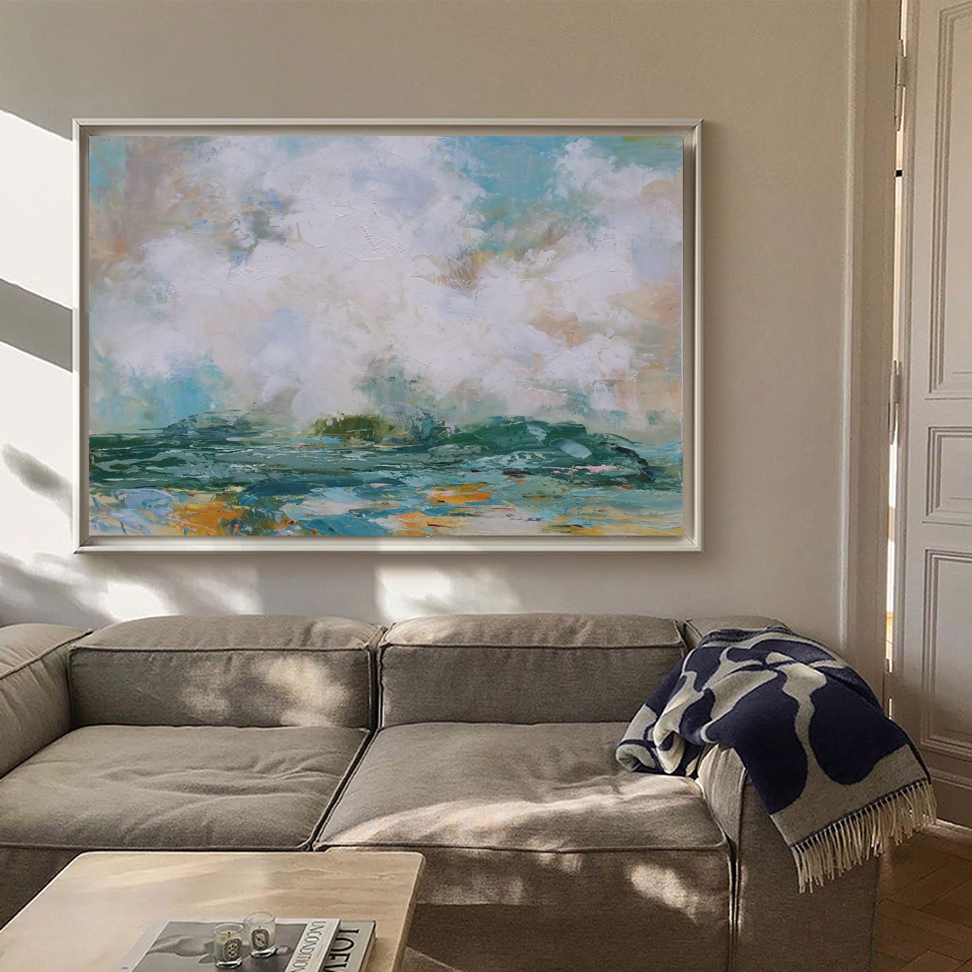 Teal‑White Horizontal Ocean‑Coast Impasto Textured Artwork