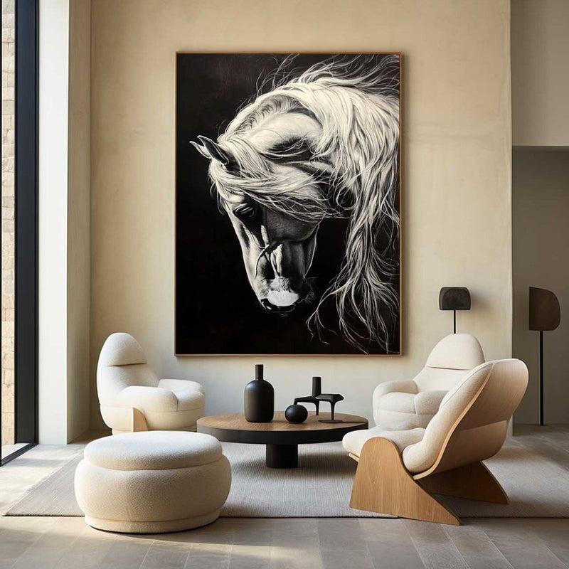 Wall Art Black White Horse Portrait Contemporary Textured Canvas Home Office | Neutralighting