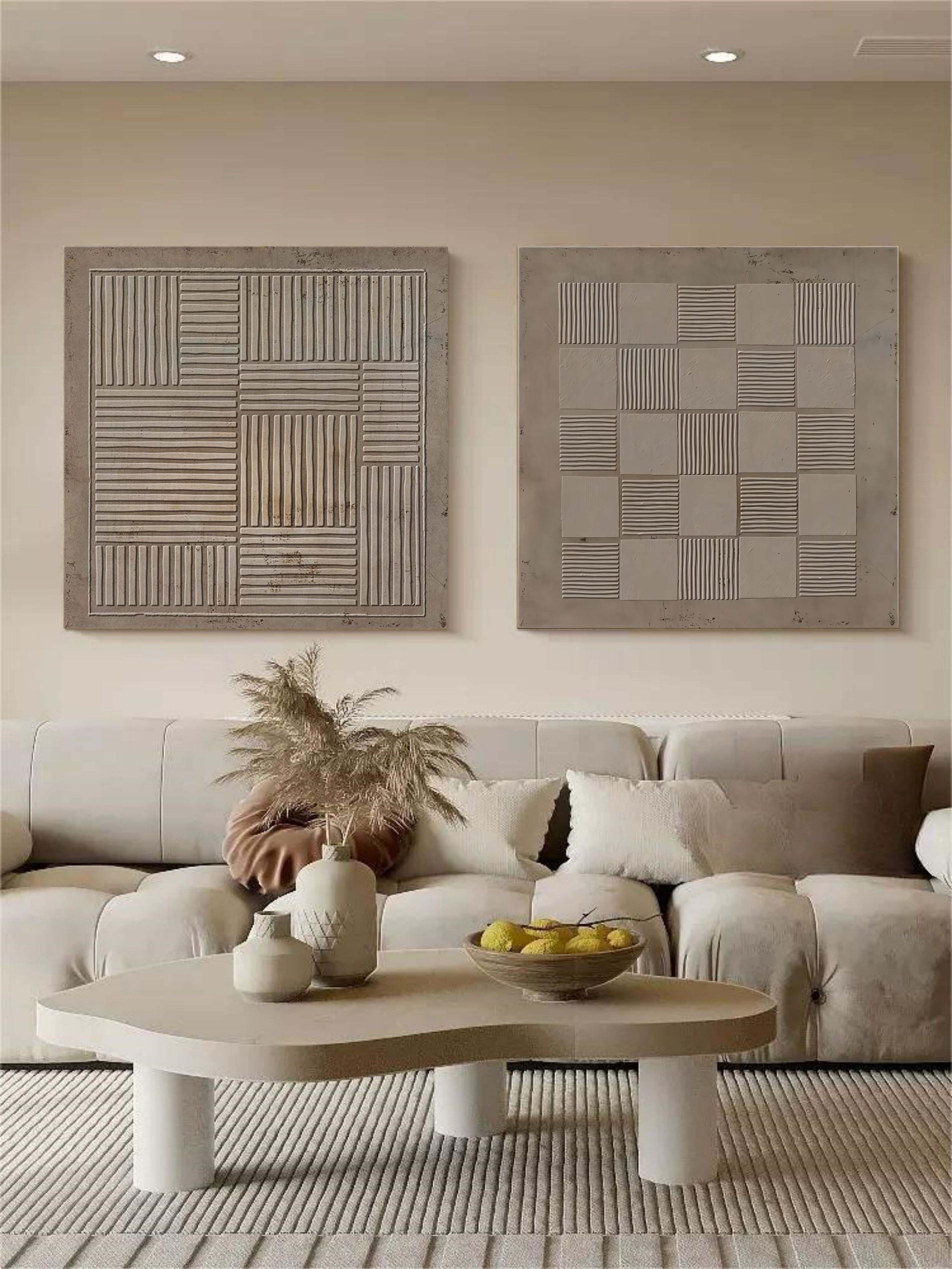 Wall Art Taupe Geometric Grid Checkerboard