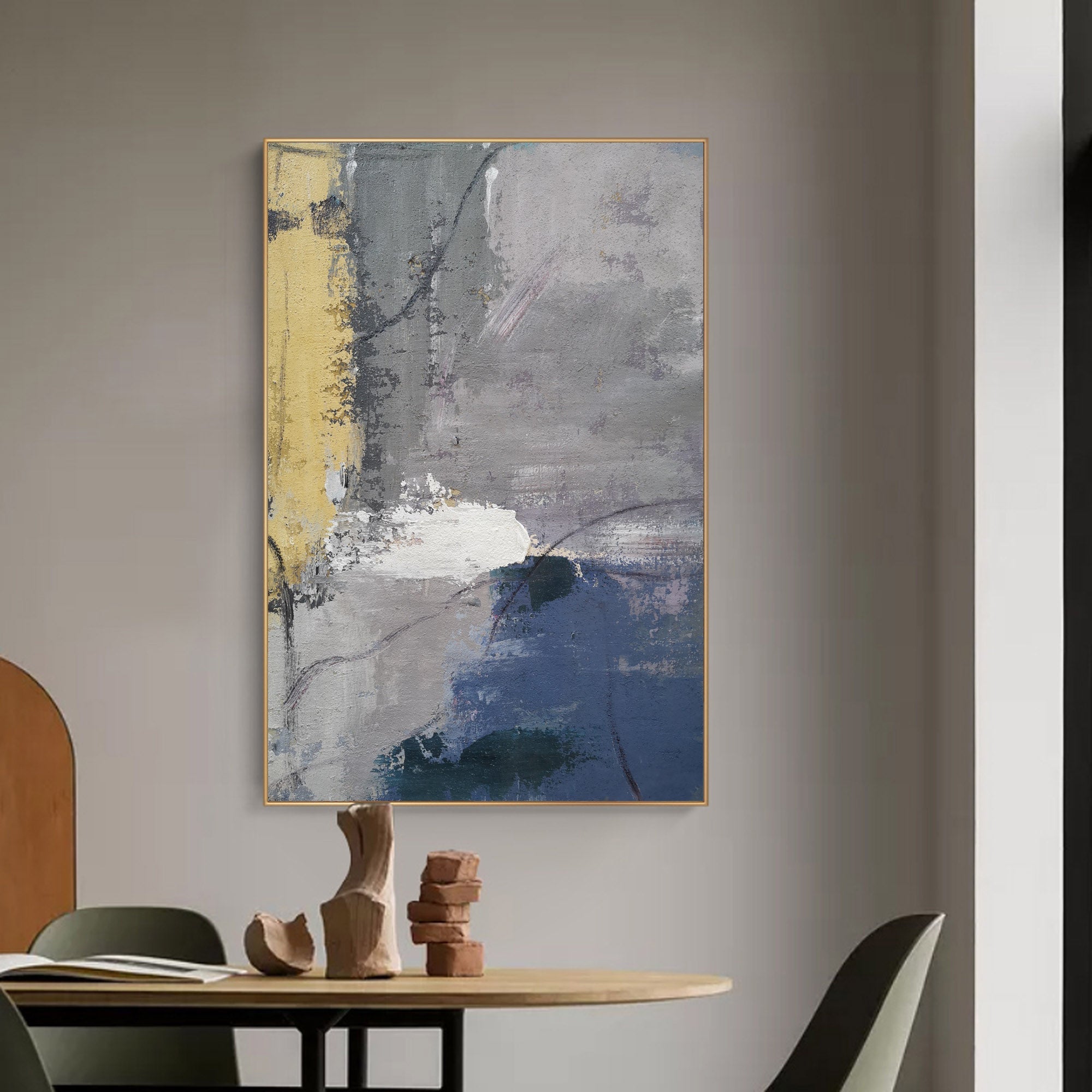Grey‑Gold Navy‑Accent Vertical Brush‑Stroke Impasto Textured Artwork