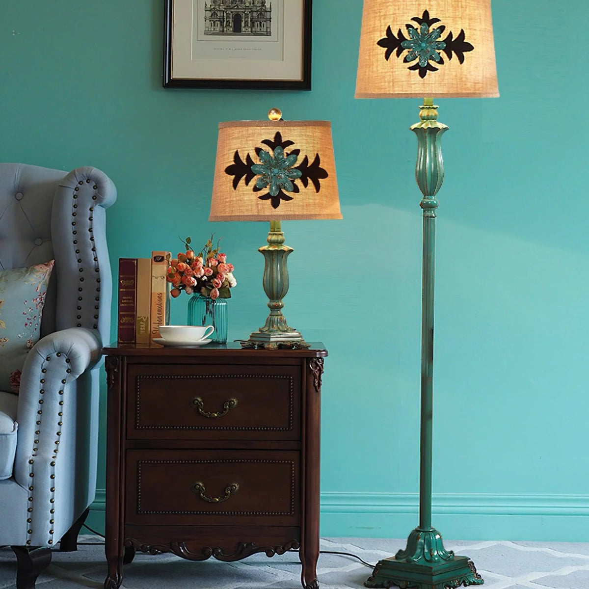 Eryn Floor Lamp Table Vintage, Metal/Resin, Green, Living Room - Neutralighting