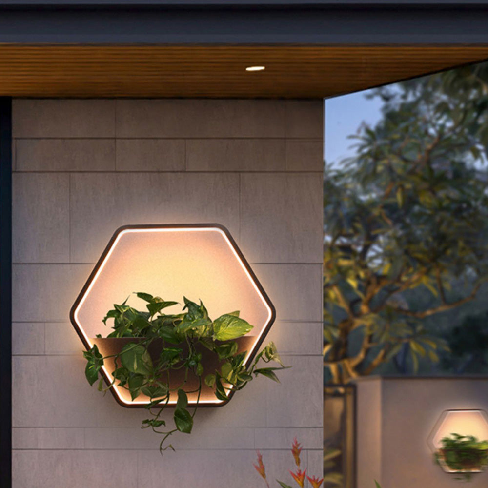 Ray Minimalist Hexagonal Ring With Shelf Metal Outdoor Wall Lamp, Black - Neutralighting