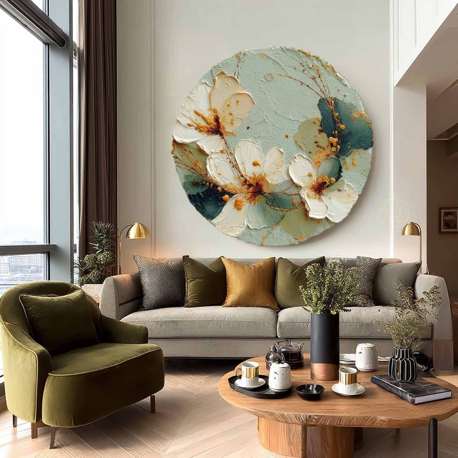 Wall Art Round White Floral Gold Accents