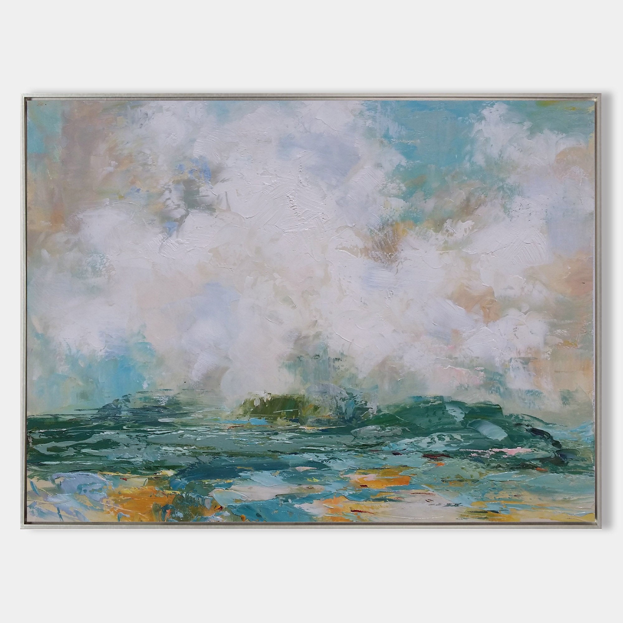 Teal‑White Horizontal Ocean‑Coast Impasto Textured Artwork