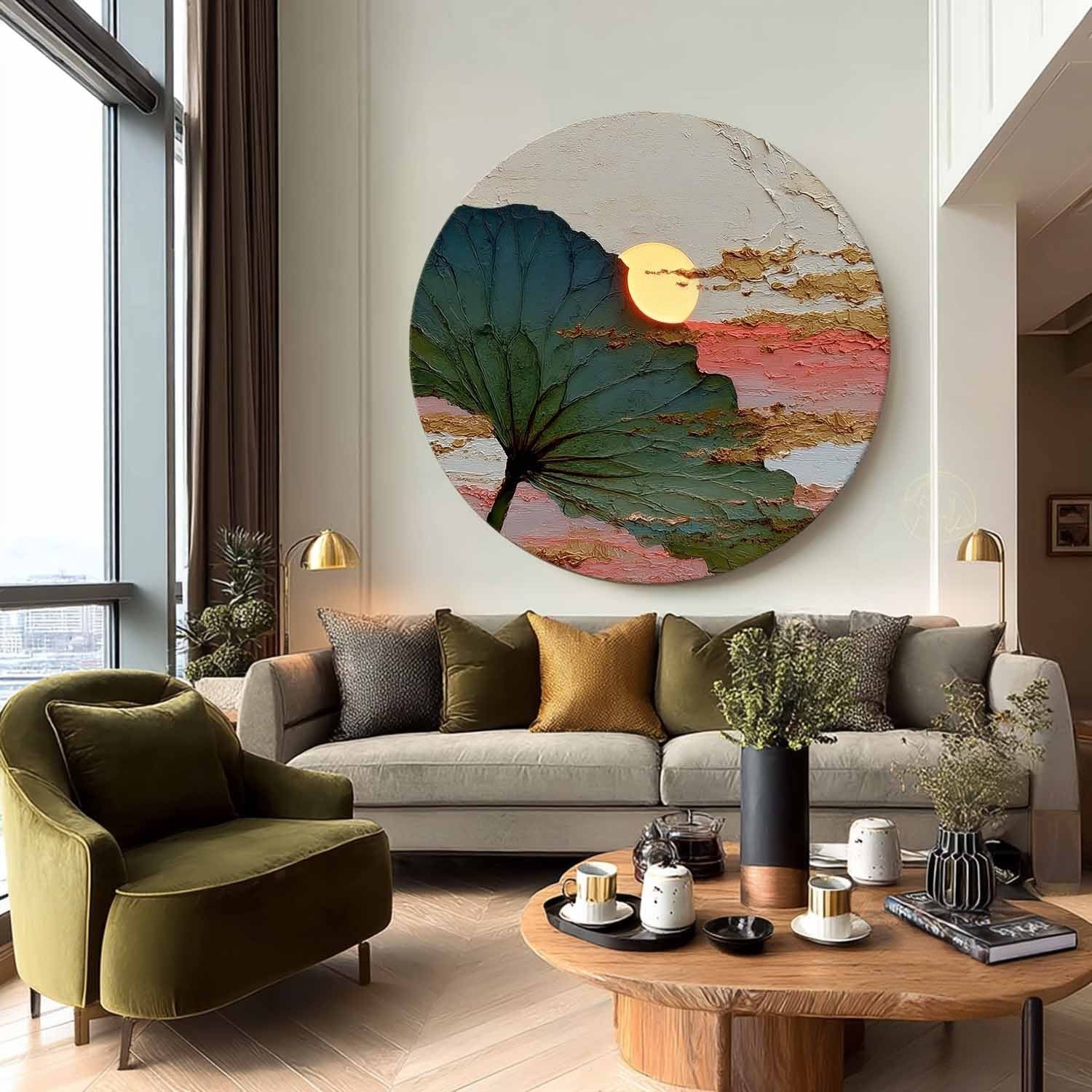 Wall Art Round Single Leaf Pink Sunset