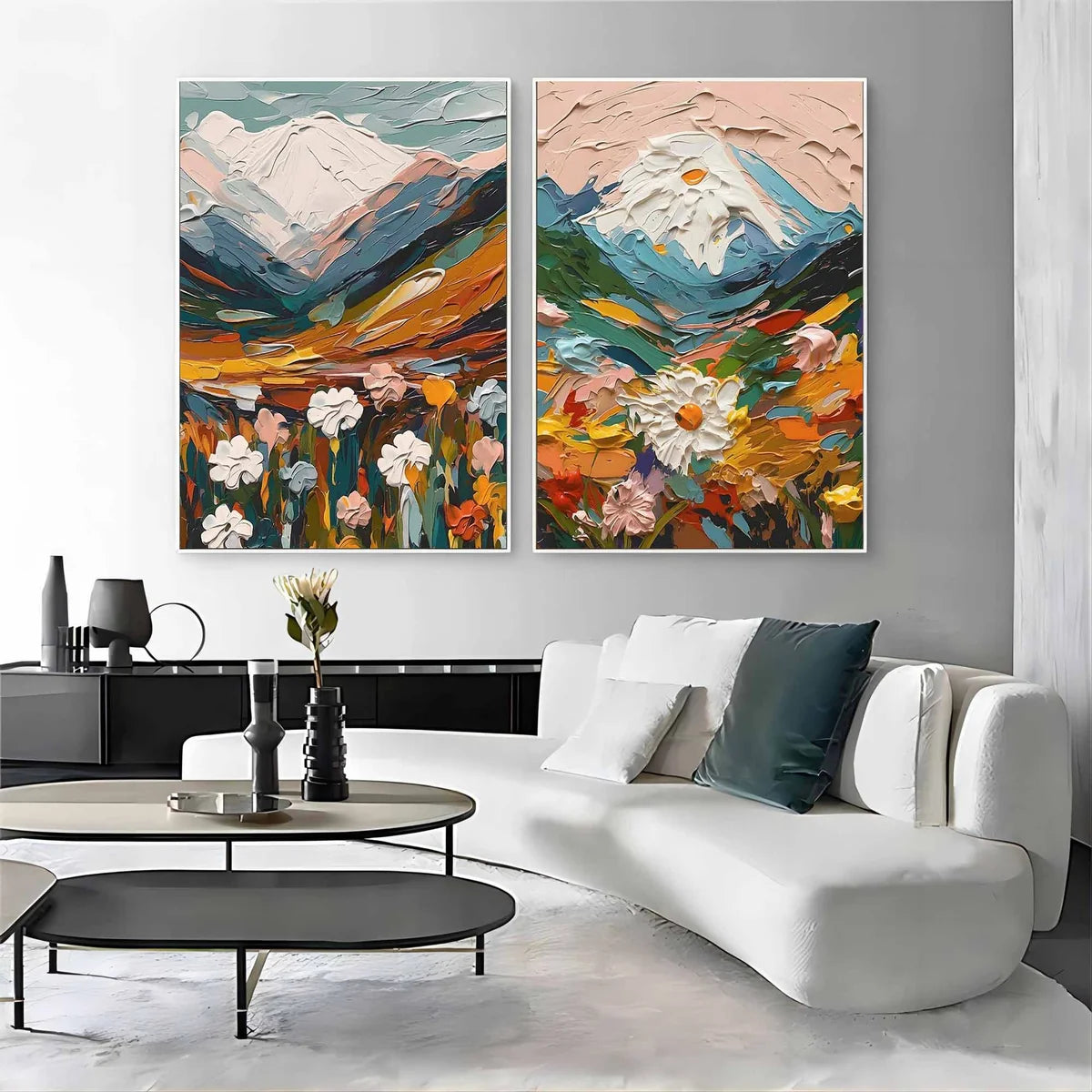 Mountain Floral Diptych 3D Impasto Painting