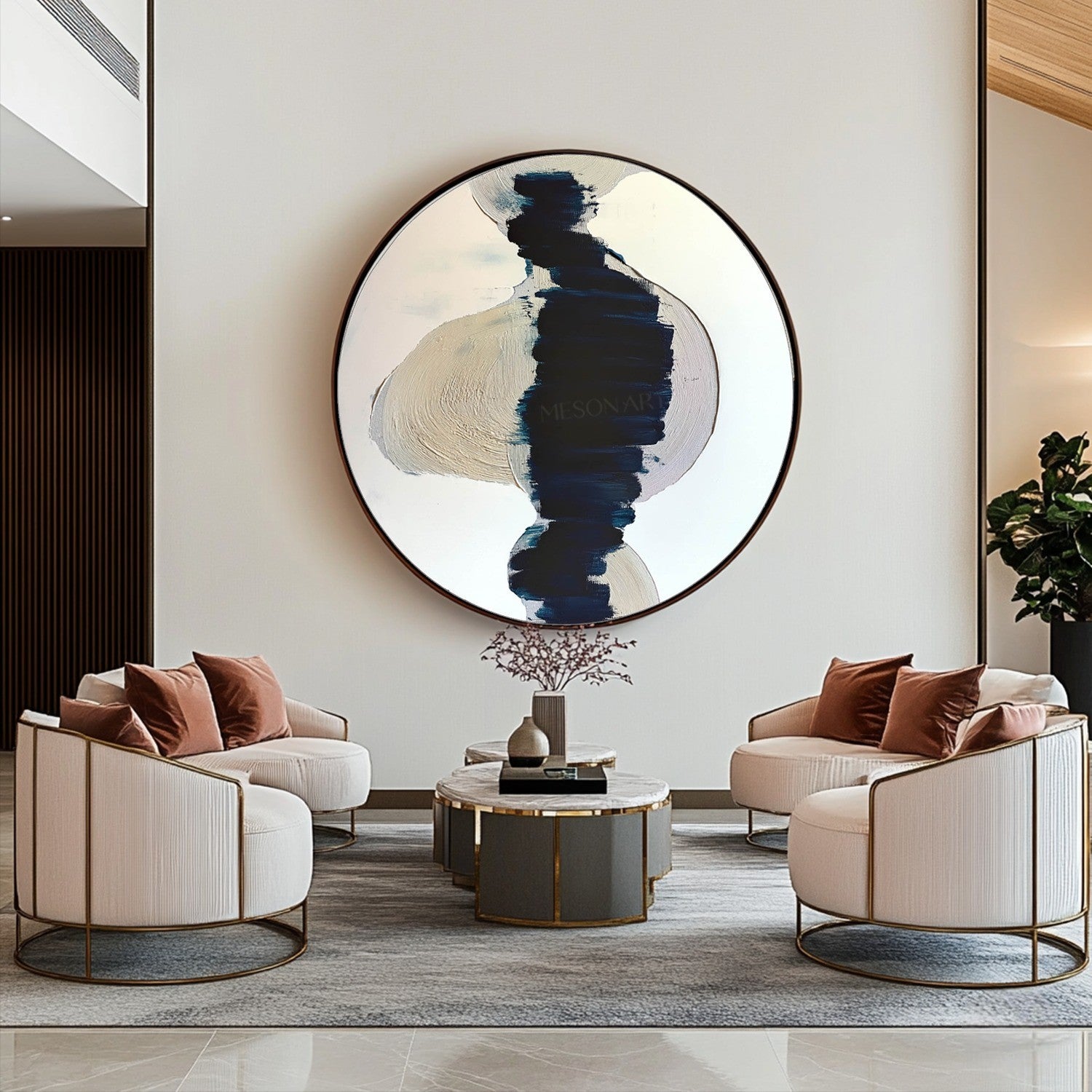 Wall Art Round Navy Beige Brushstroke