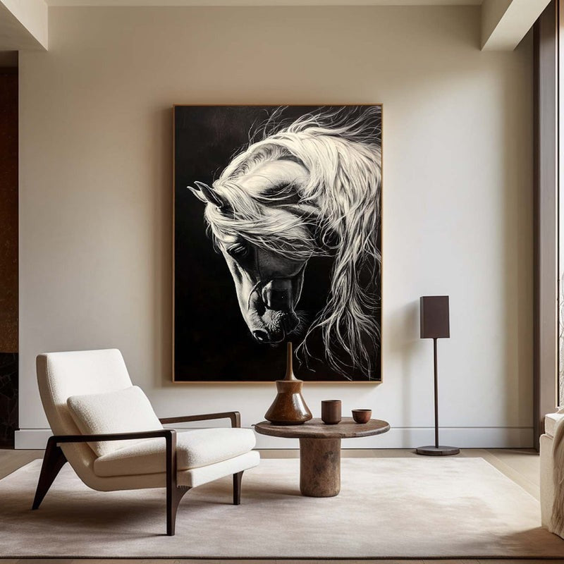 Wall Art Black White Horse Portrait Contemporary Textured Canvas Home Office | Neutralighting