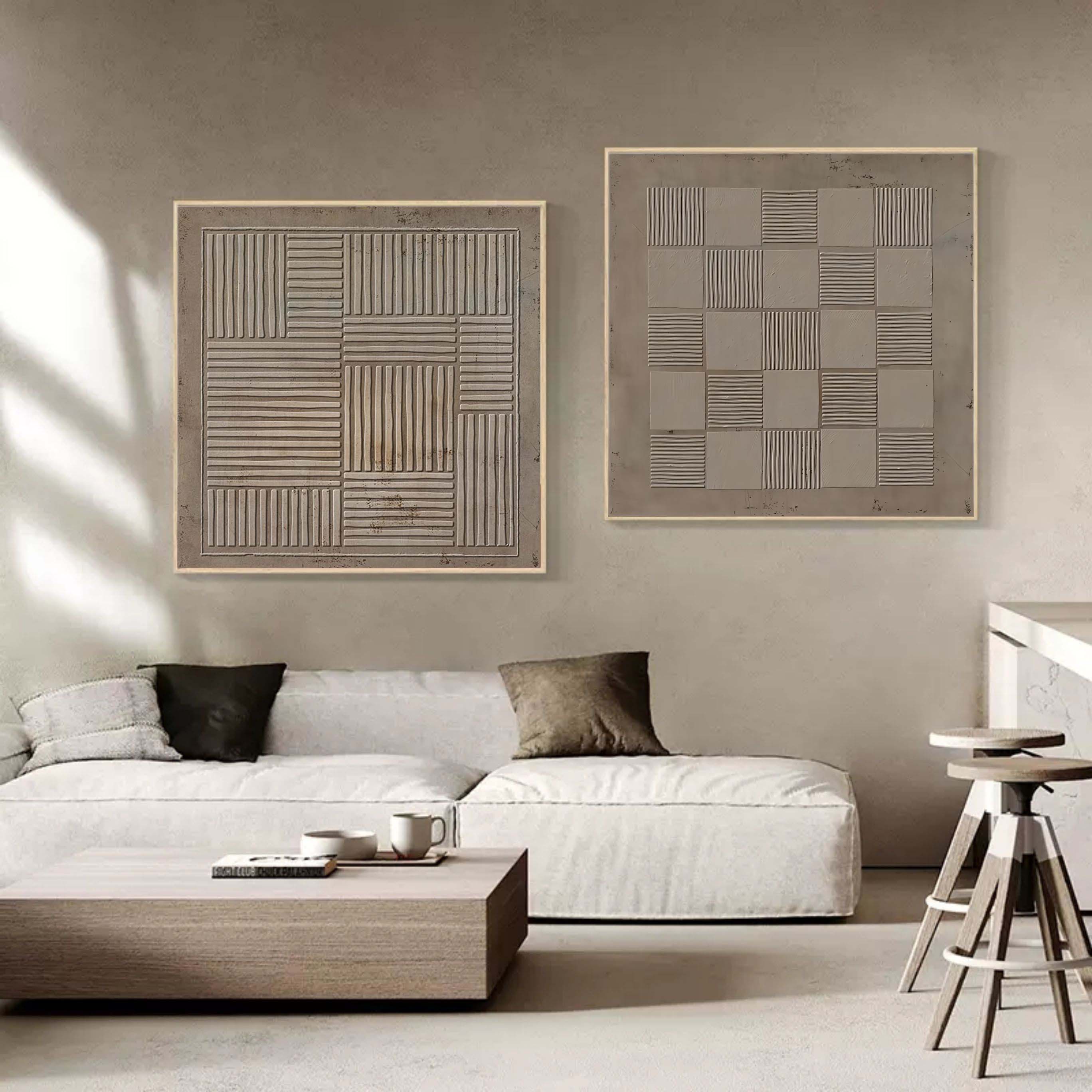 Wall Art Taupe Geometric Grid Checkerboard