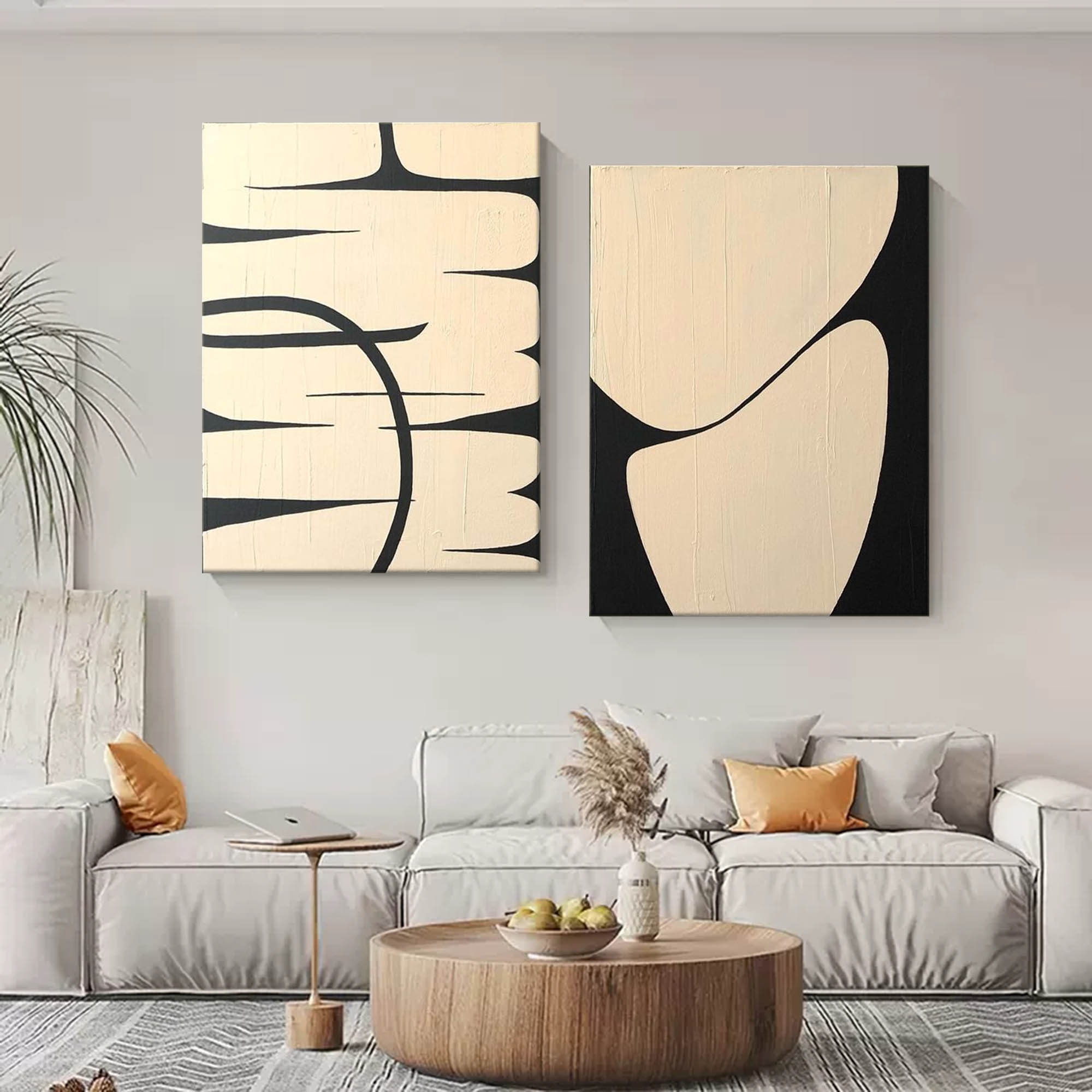 Wall Art Beige Black Curved Line Abstract Diptych
