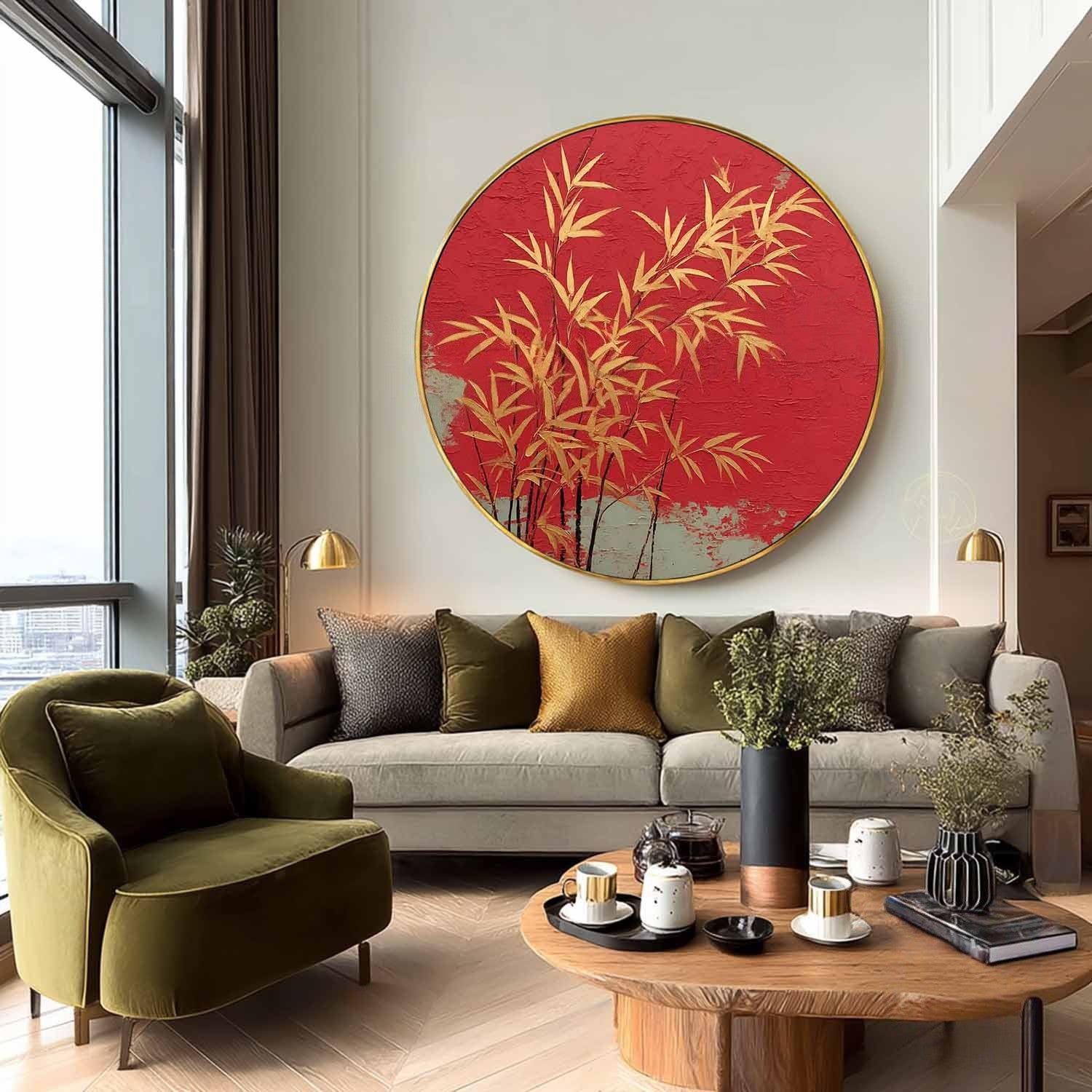 Wall Art Round Golden Bamboo Red