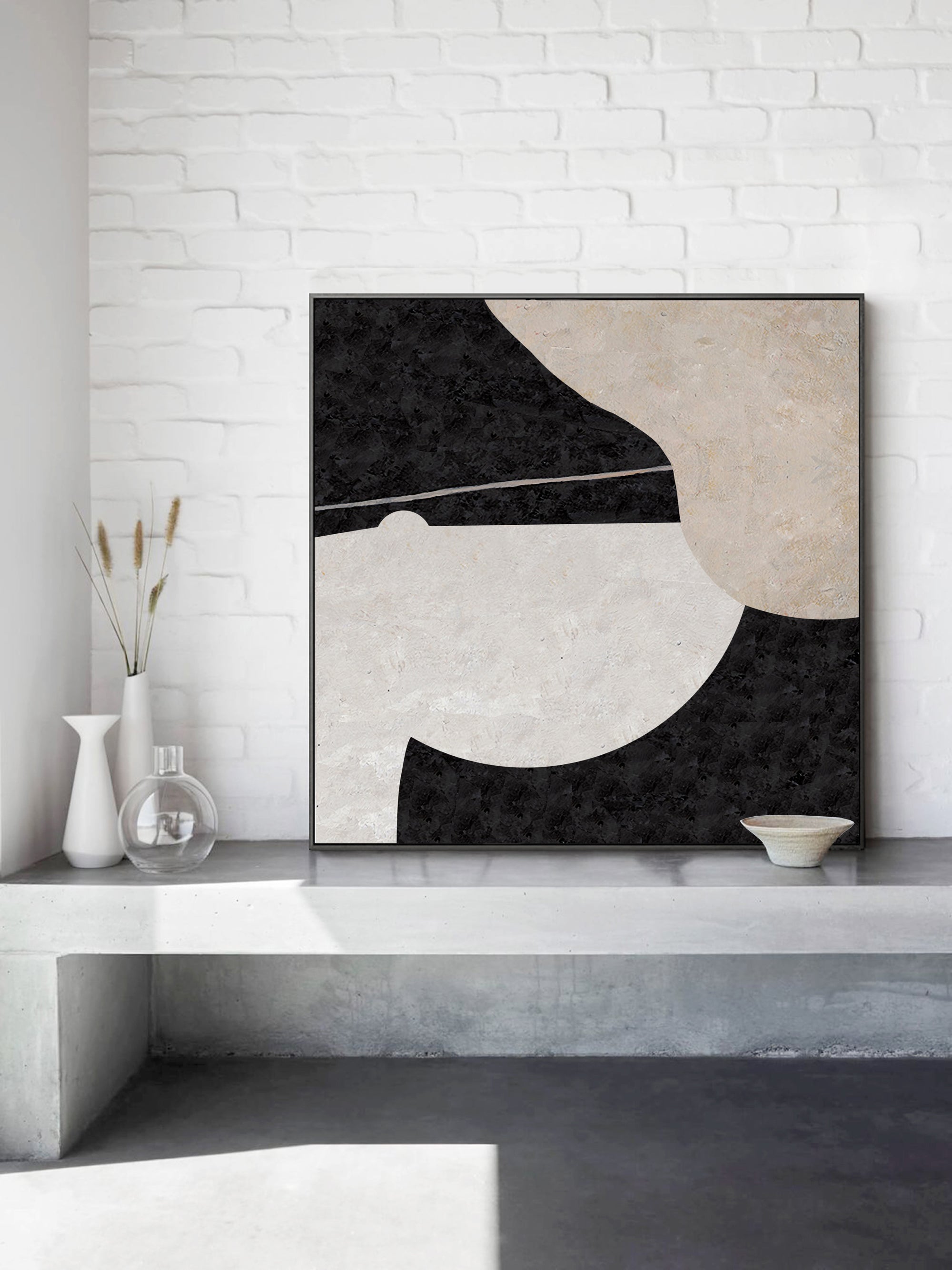 Black‑Beige Square Minimalist Geometric Shape Textured Artwork