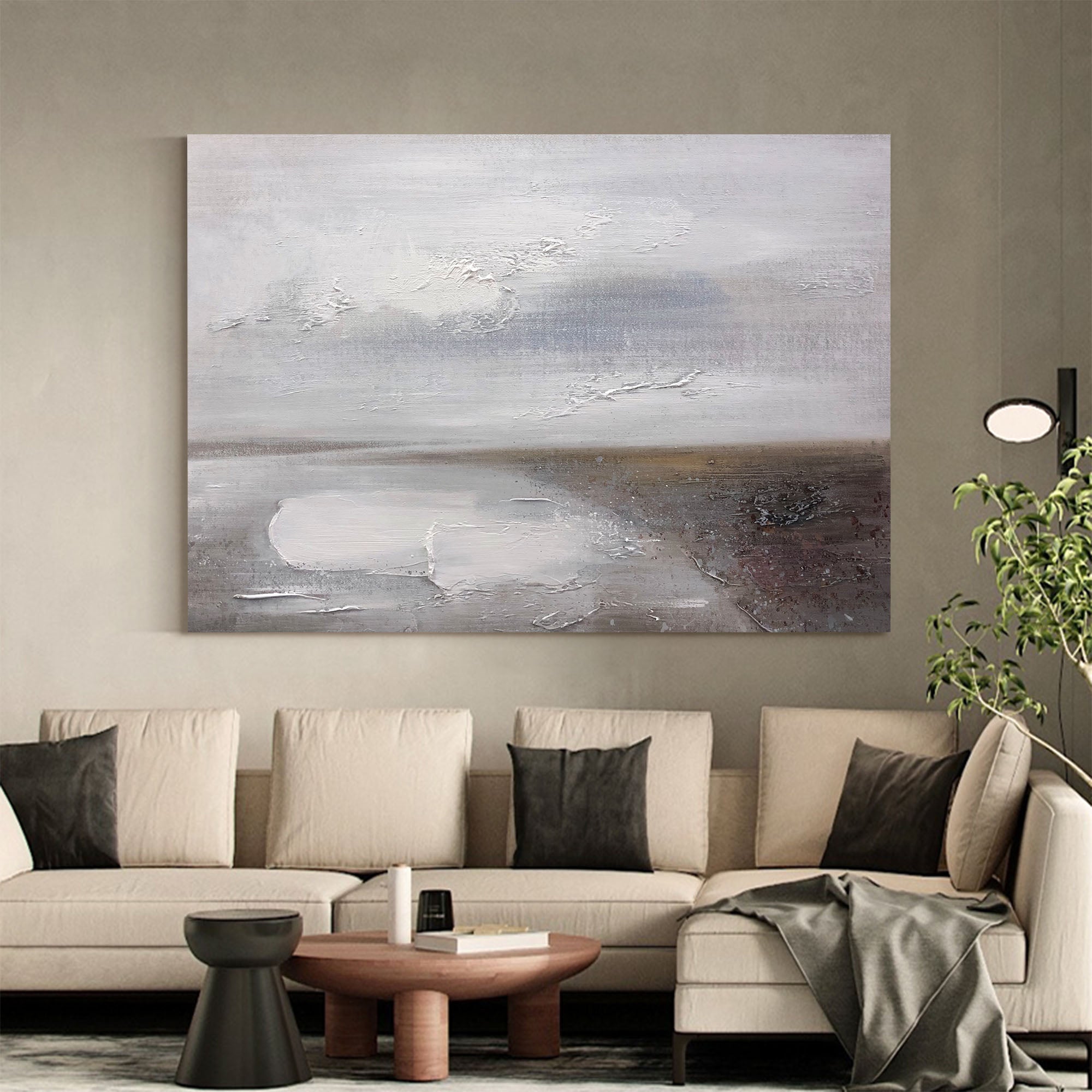 Grey‑Silver Horizontal Muted‑Seascape Impasto‑Textured Artwork