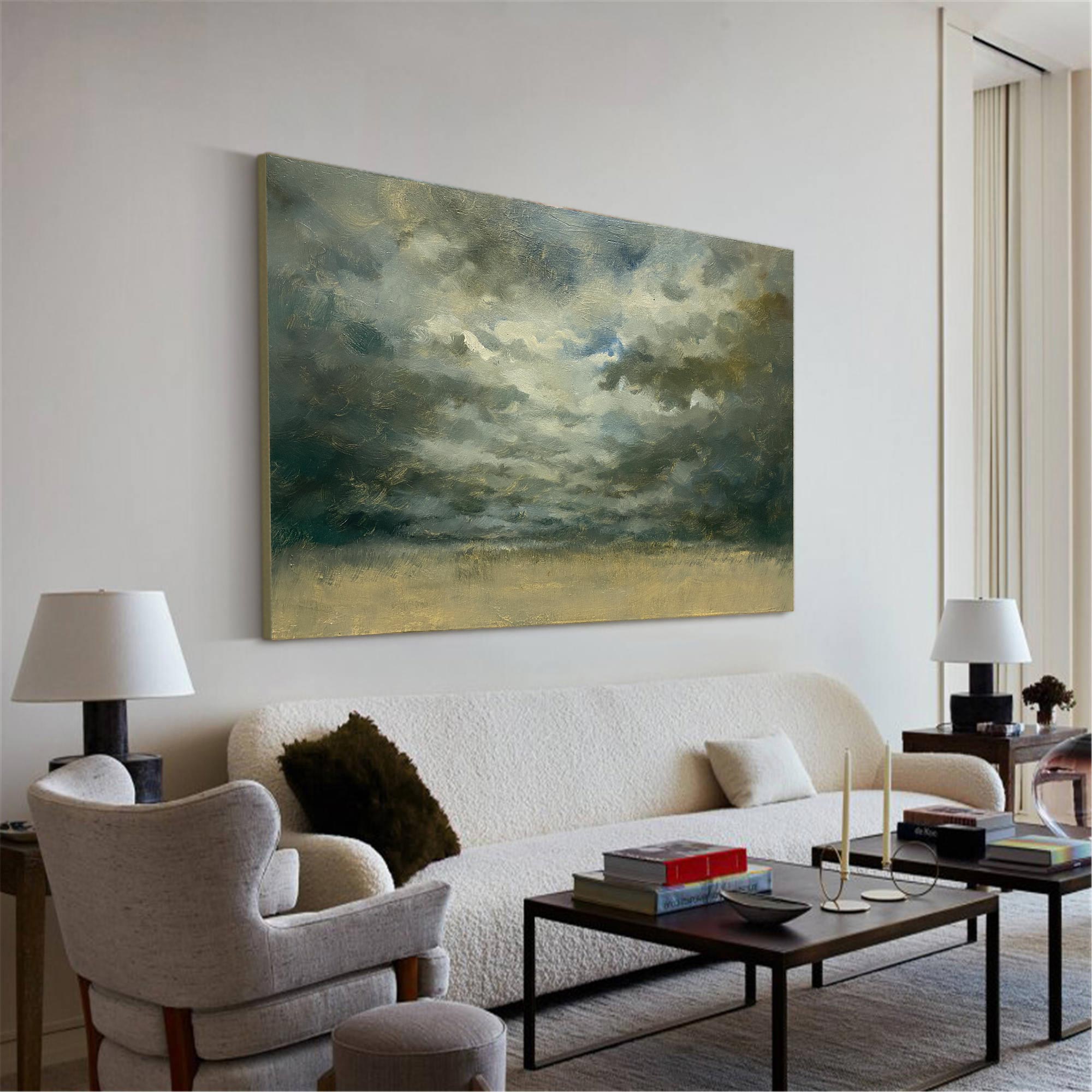 Abstract Stormy Sky Gold Horizon Oil Acrylic Linen Canvas Painting