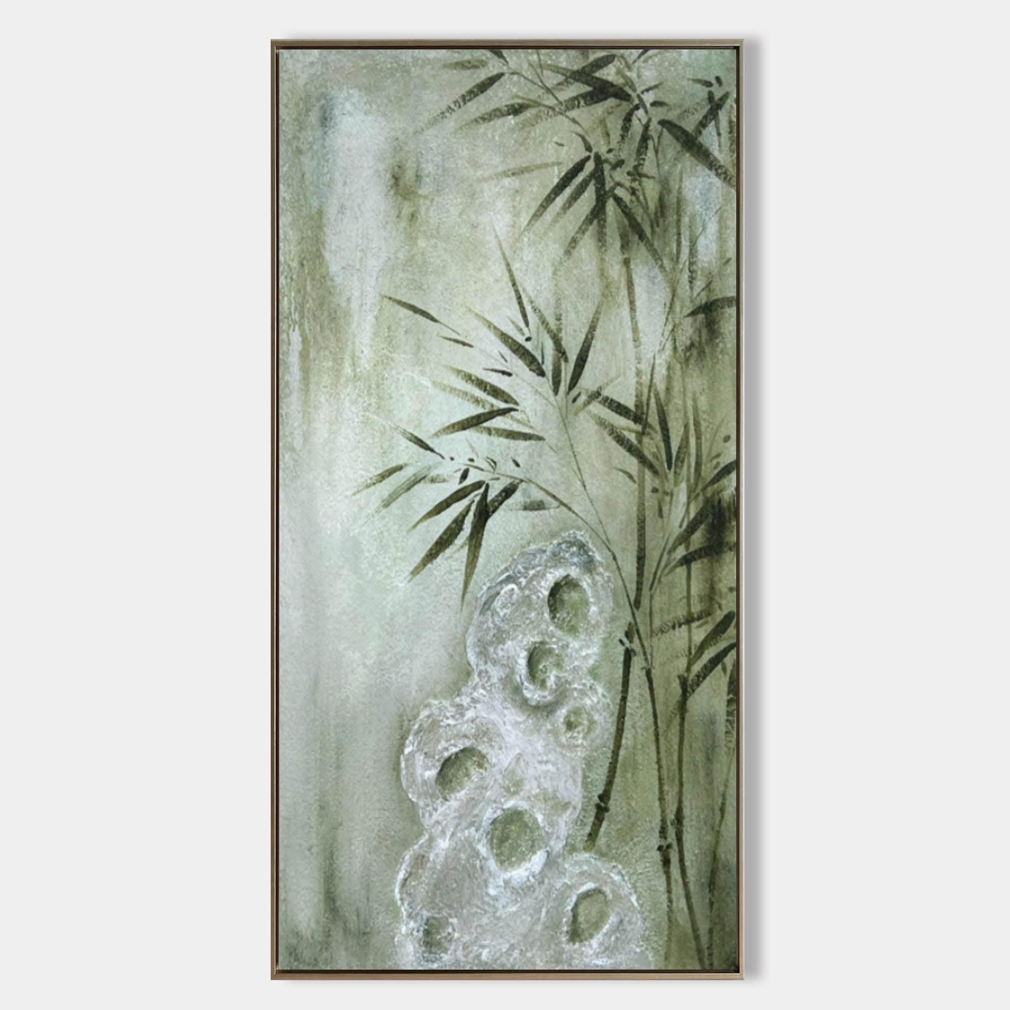 Wall Art Sage Green Bamboo Rock Chinese Ink