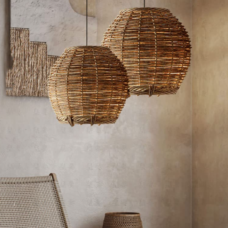 Muto Retro LED Pendant Light Wood Rattan Living Room Restaurant - Neutralighting