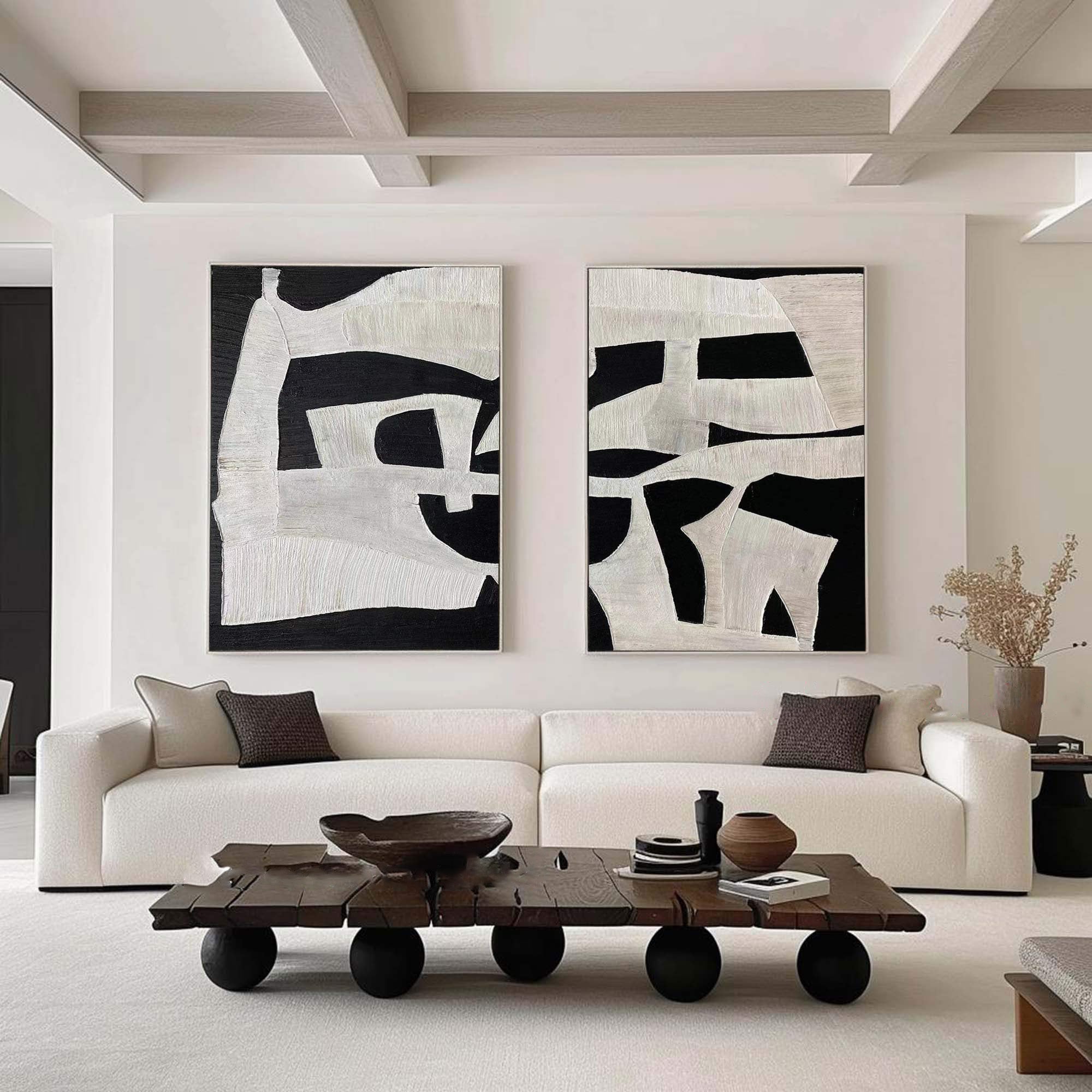Wall Art Black White Abstract Minimalist Textured Diptych Living Room | Neutralighting
