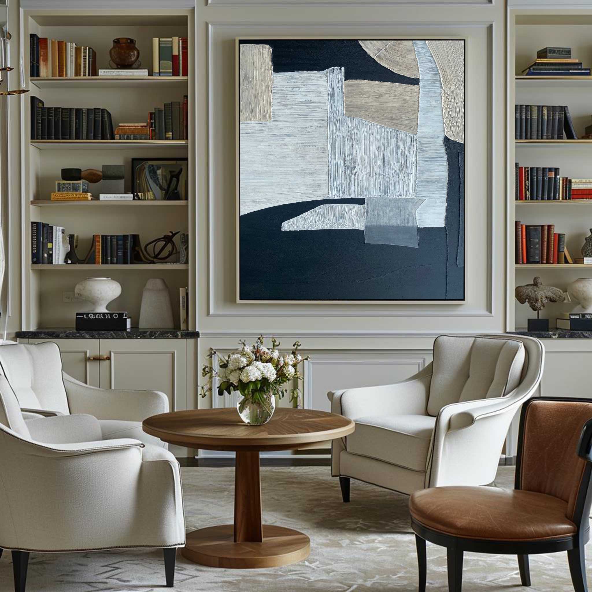 Navy‑Beige‑Grey Vertical Patch‑Block Impasto‑Textured Artwork