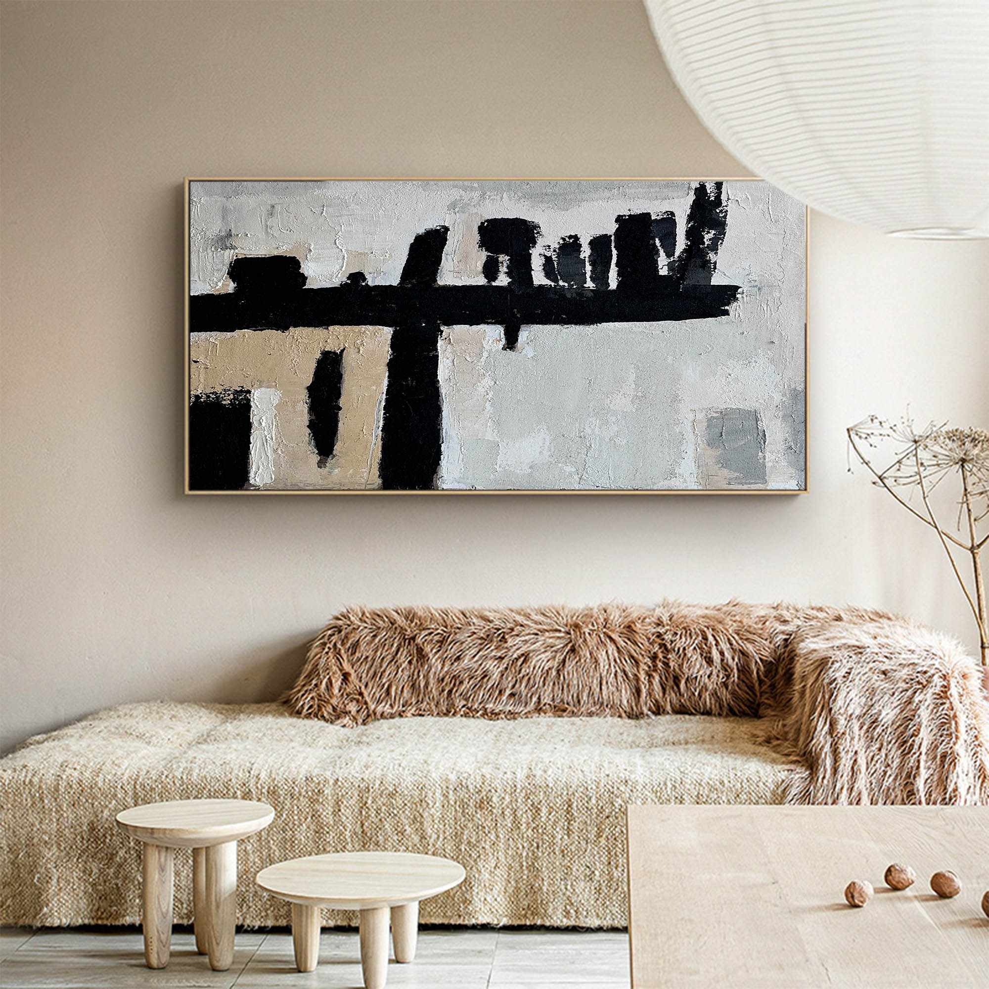 Black‑Beige Horizontal Bold‑Stroke Impasto‑Textured Artwork