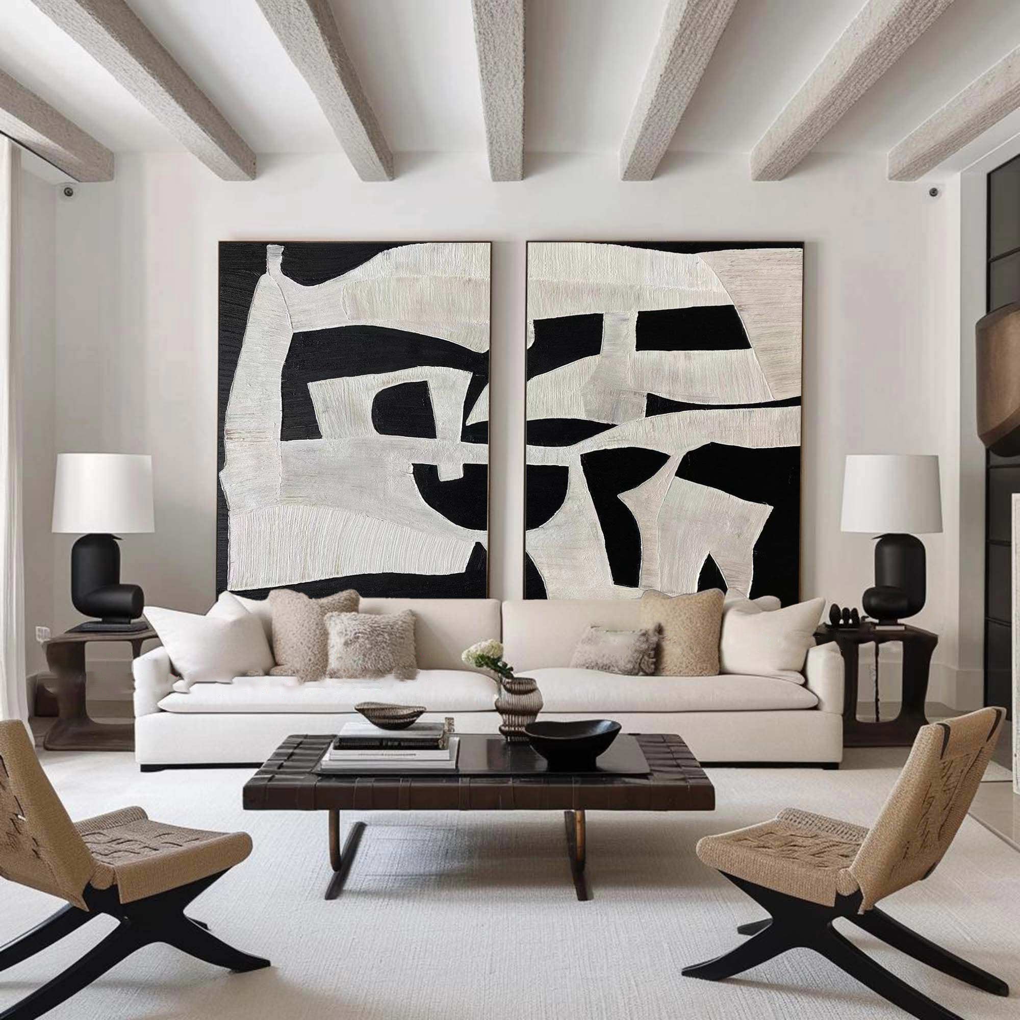 Wall Art Black White Abstract Minimalist Textured Diptych Living Room | Neutralighting