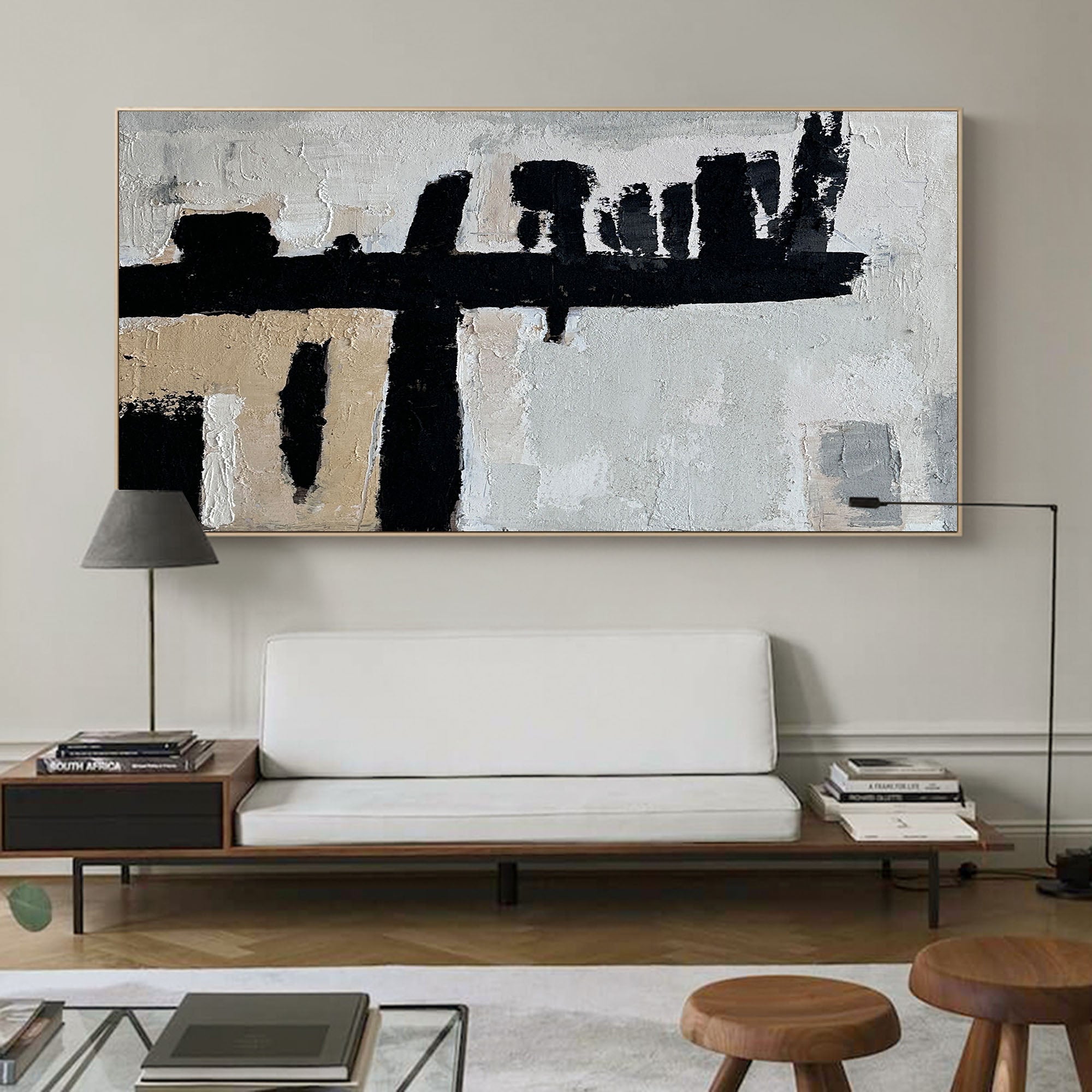 Black‑Beige Horizontal Bold‑Stroke Impasto‑Textured Artwork