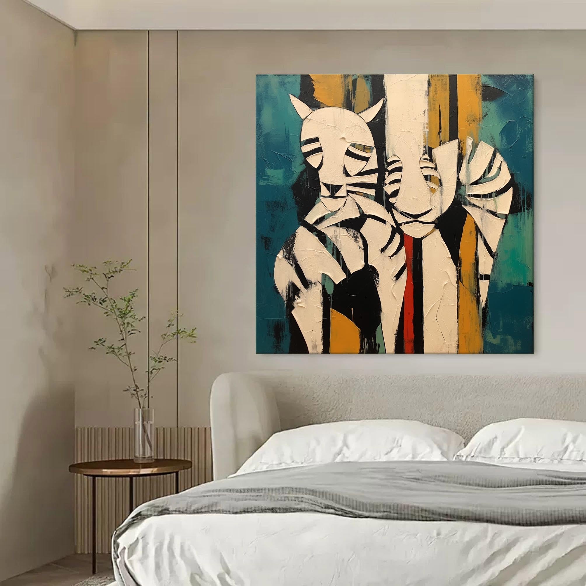 Wall Art Teal Yellow Abstract Tiger Plaster