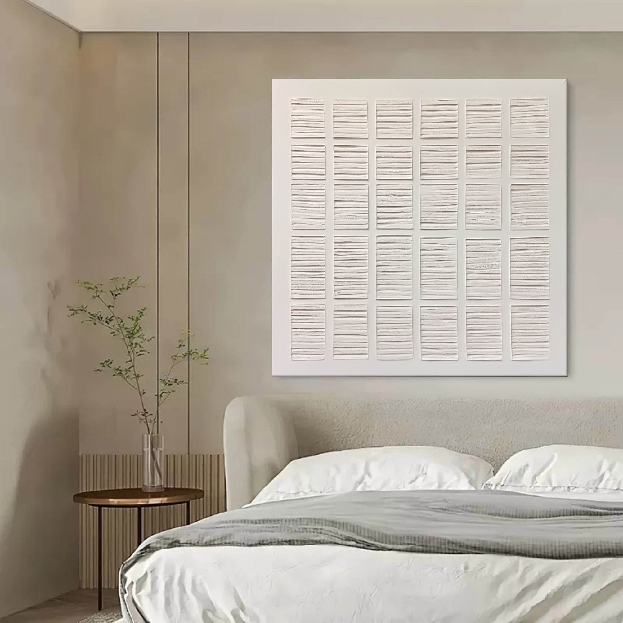 Wall Art White Grid 3D Relief Plaster Canvas Matte