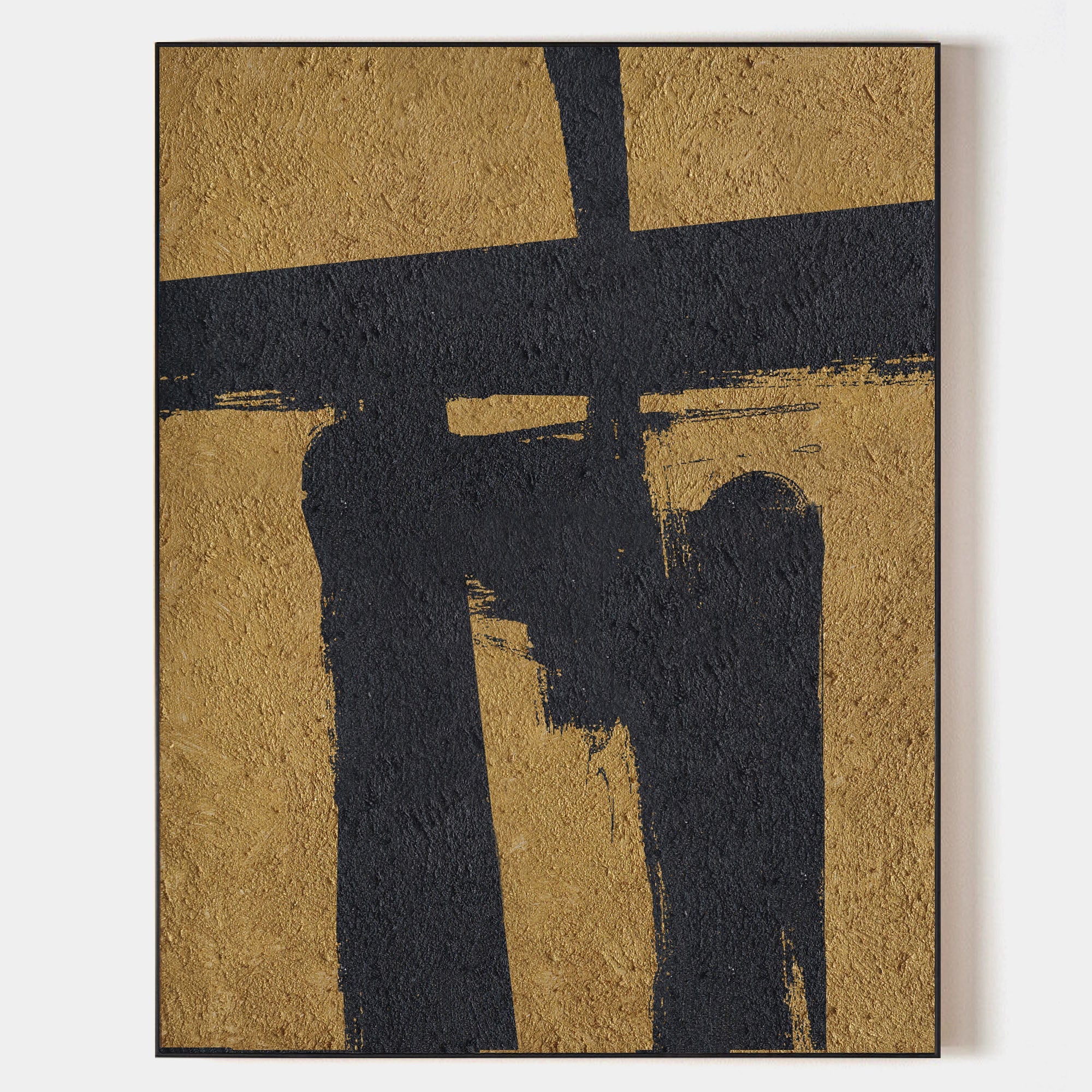 Gold‑Black Vertical Abstract Bold‑Brush‑Shape Rugged‑Tactile‑Textured Artwork