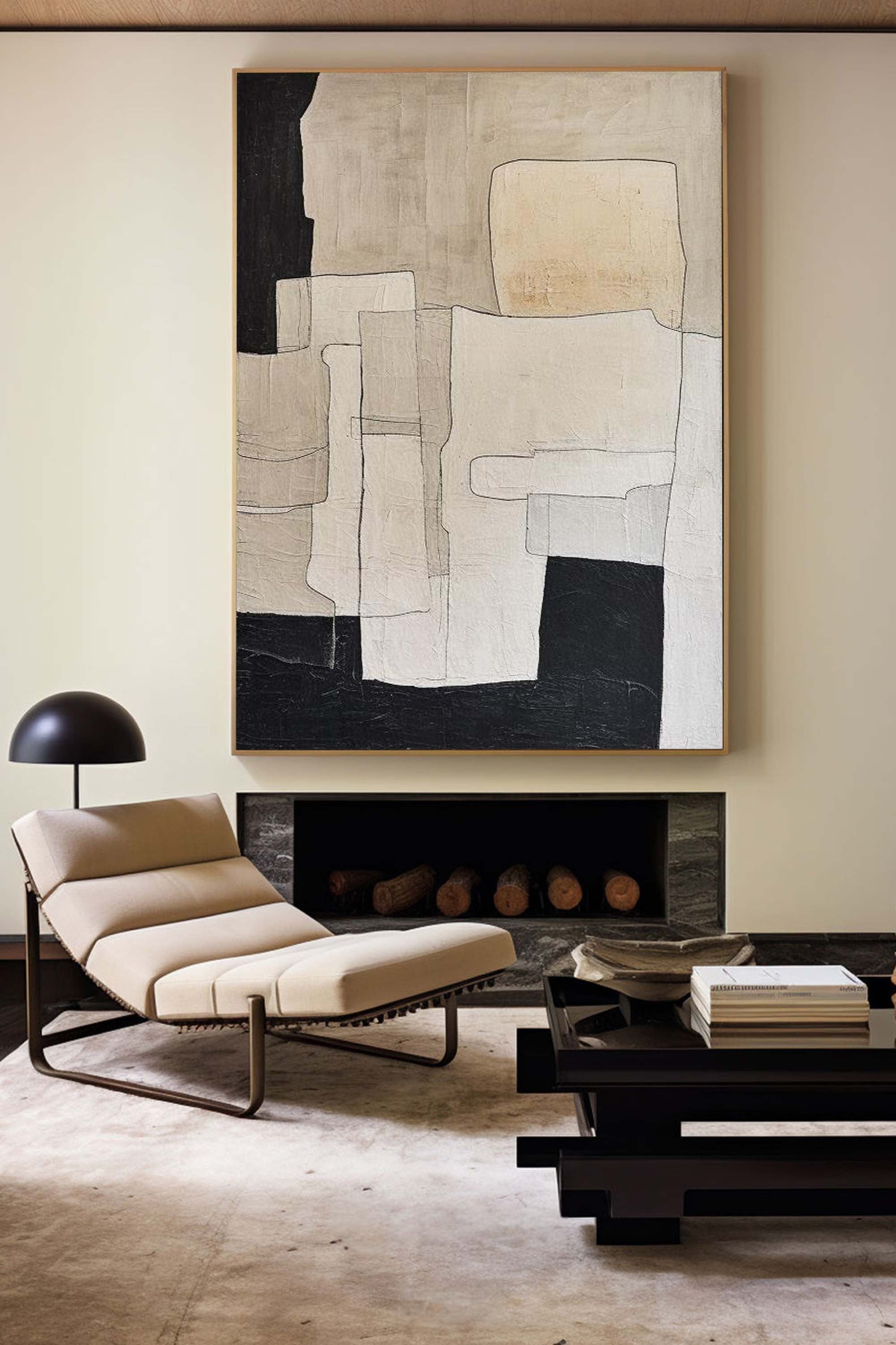 Neutral Black Beige Geometric Abstract Layered Wall Art