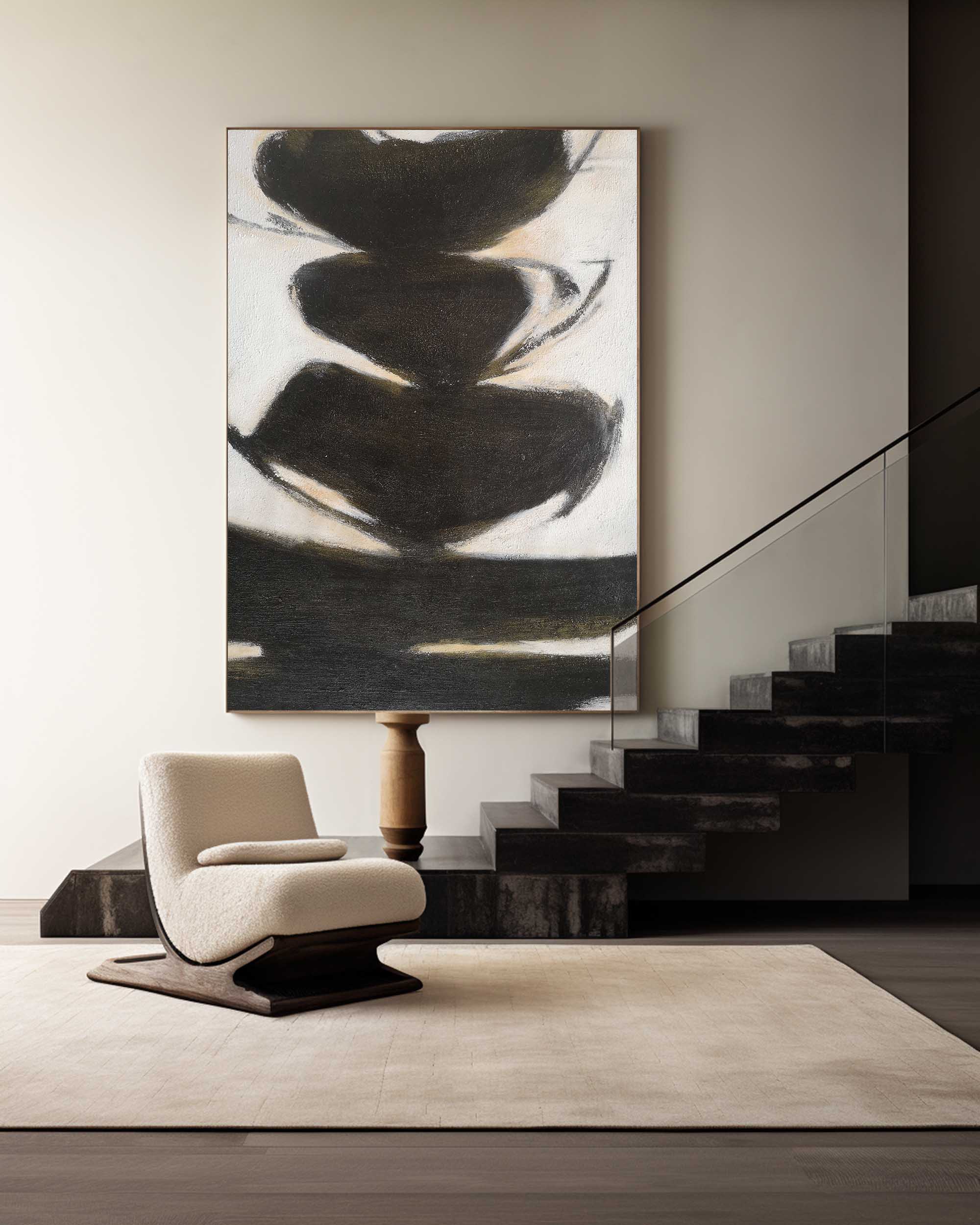 Black‑Beige Vertical Stack‑Shape Brush‑Stroke Textured Artwork