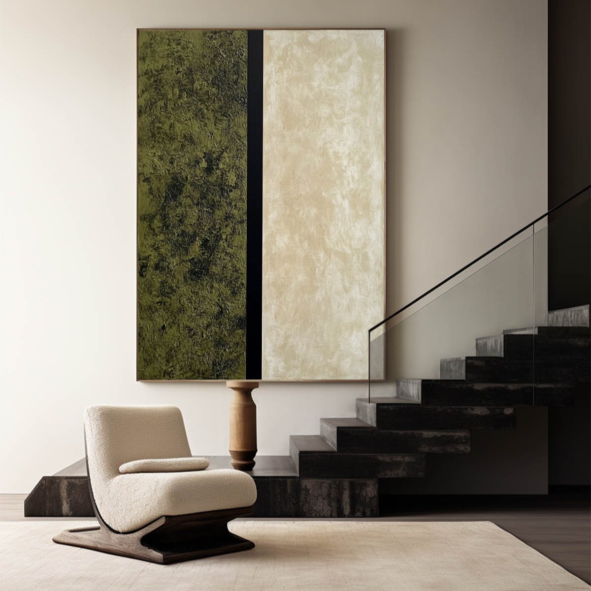 Olive Green Beige Minimalist Abstract Painting