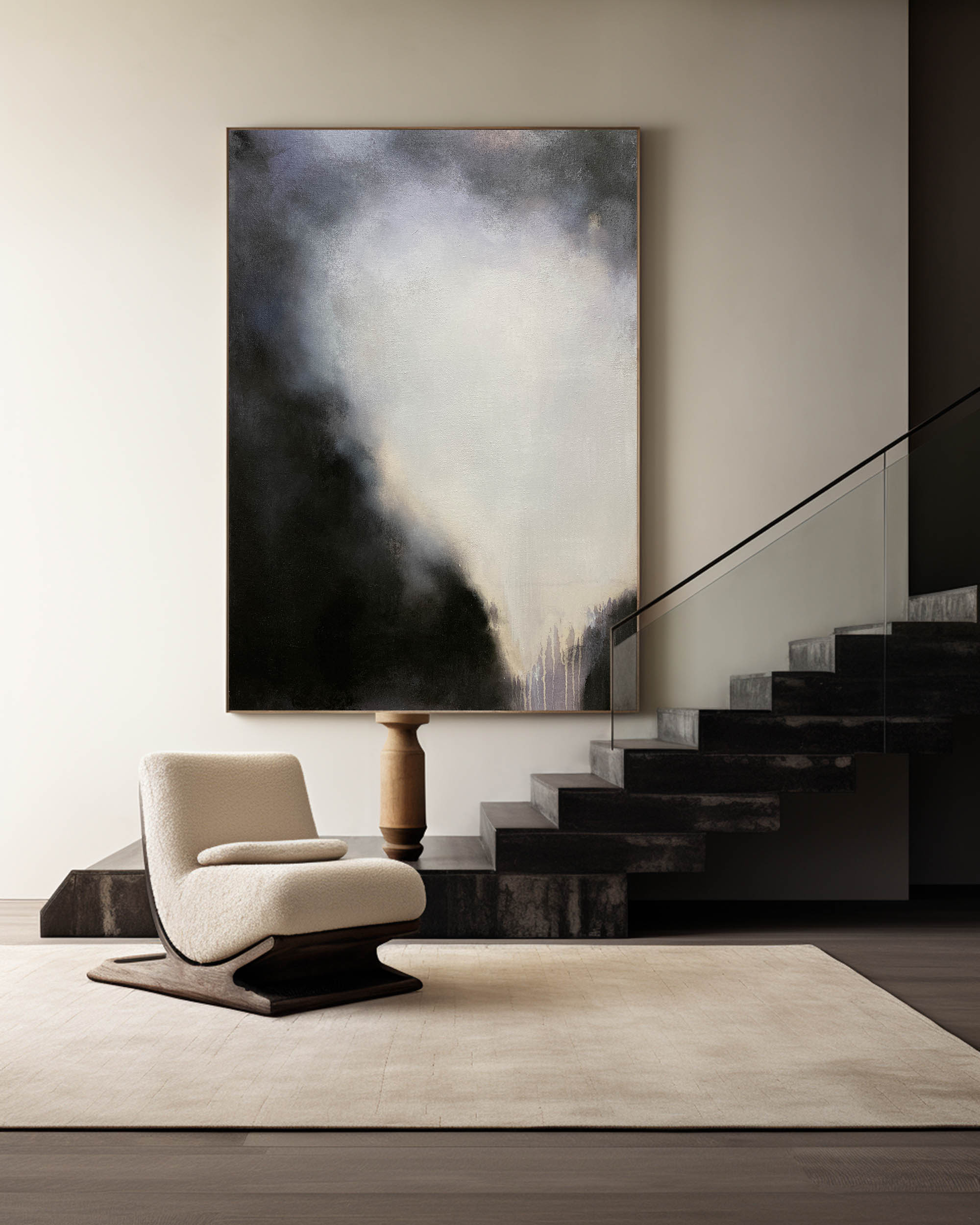 Black‑Off‑White Vertical Mist‑Blend Impasto‑Textured Artwork
