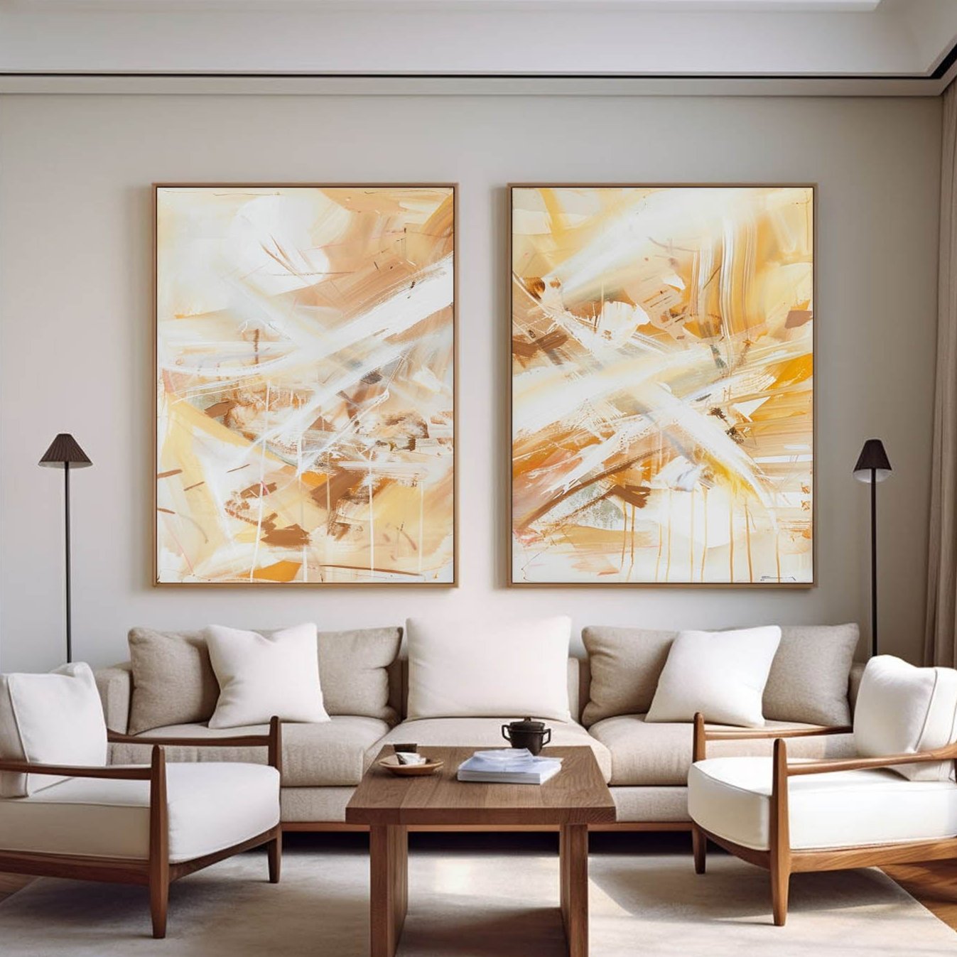 Warm Ochre Brushstroke Diptych Canvas Set