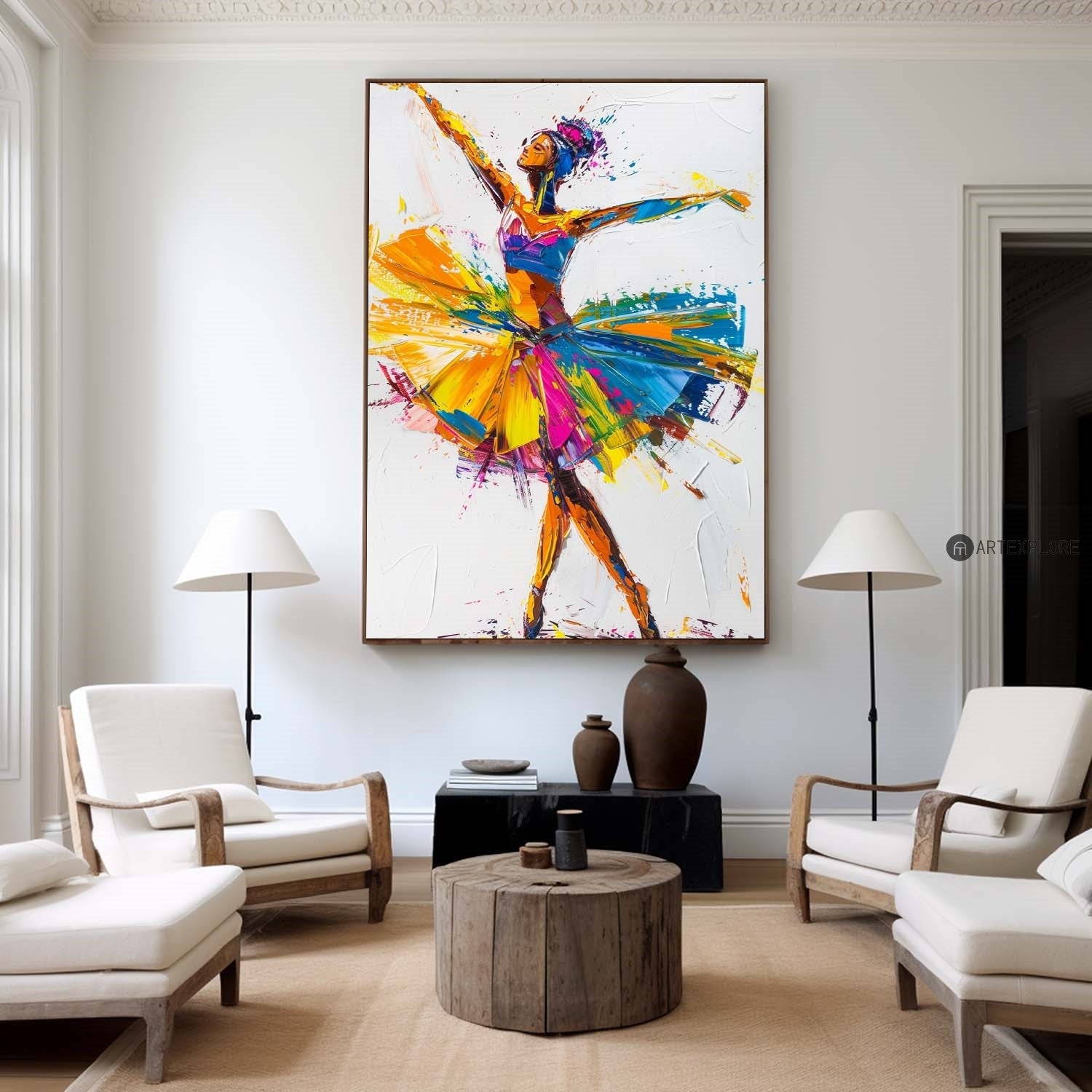 Vibrant Ballet Dancer Figure Splash‑Color Dynamic Brushstroke Textured Artwork