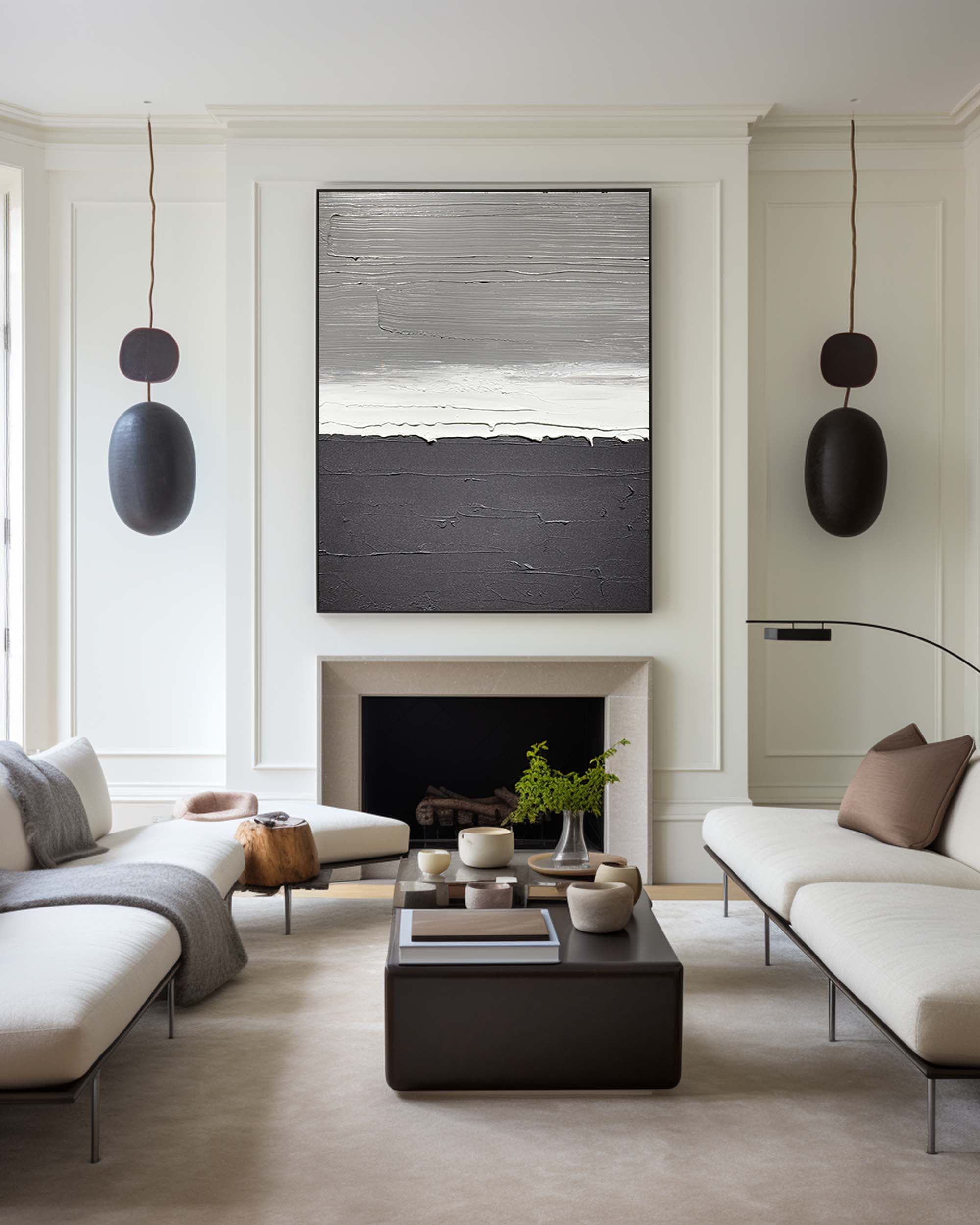 Monochrome Gray Black Horizon Abstract Oil Acrylic Linen Canvas Painting