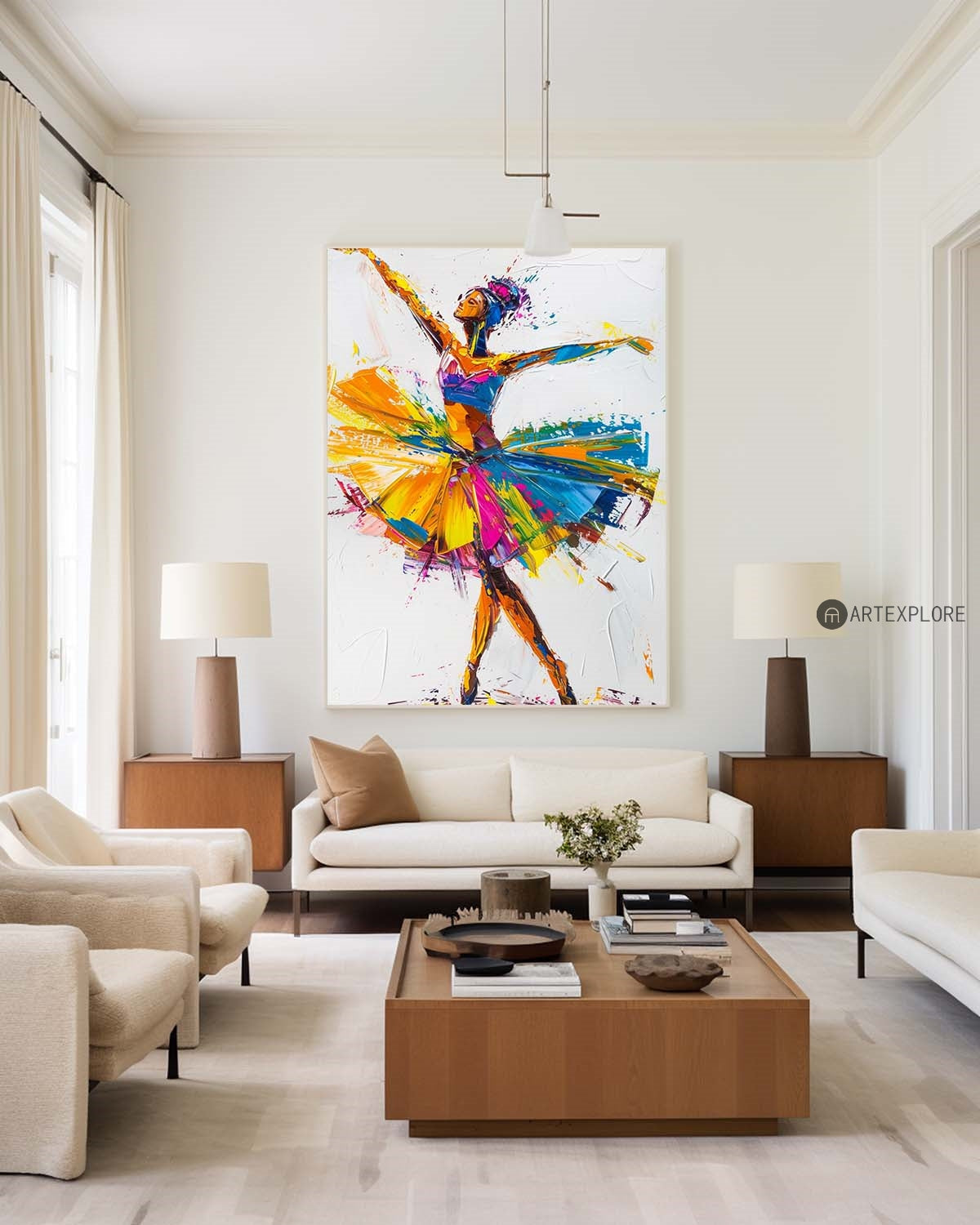 Vibrant Ballet Dancer Figure Splash‑Color Dynamic Brushstroke Textured Artwork