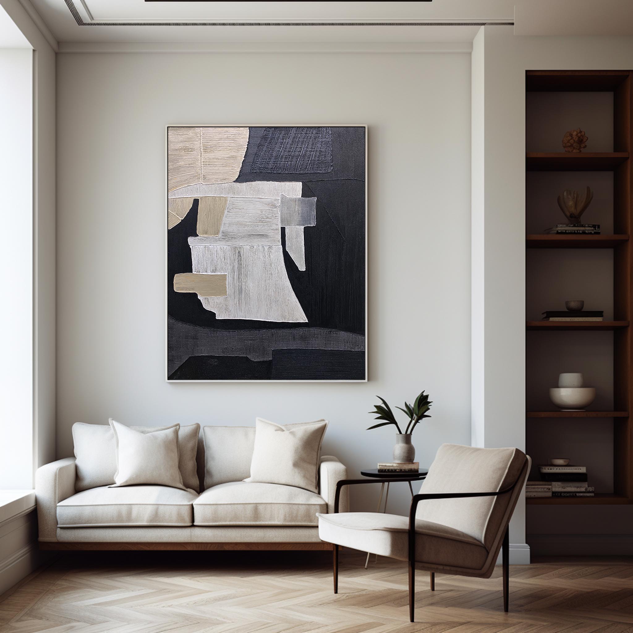 Black‑Beige‑Cream Vertical Patch‑Collage Impasto‑Textured Artwork
