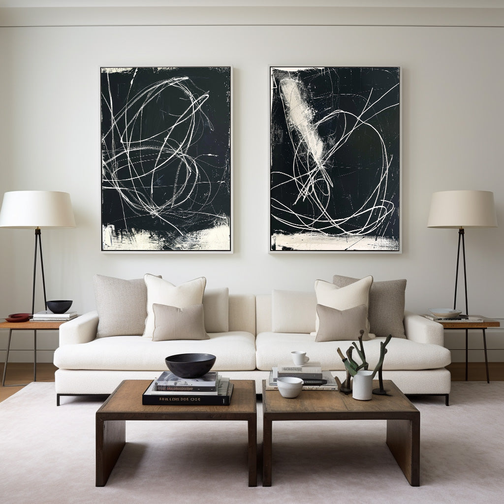 Black White Scribble Diptych Canvas Wall Art