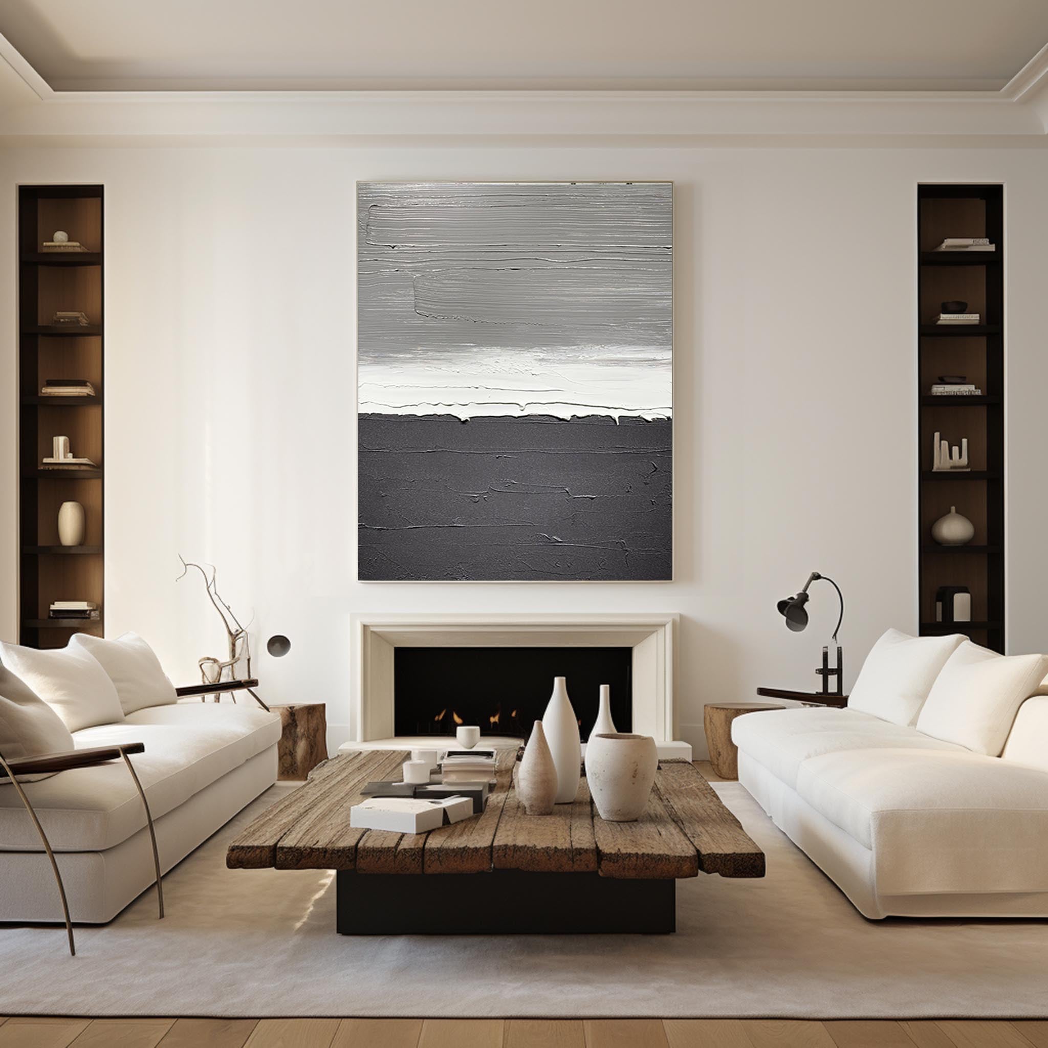 Monochrome Gray Black Horizon Abstract Oil Acrylic Linen Canvas Painting