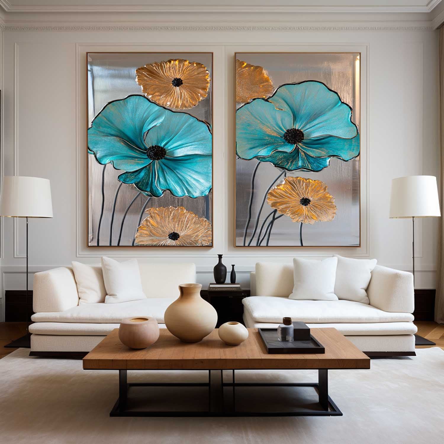 Teal and Gold Floral Canvas Wall Art Set