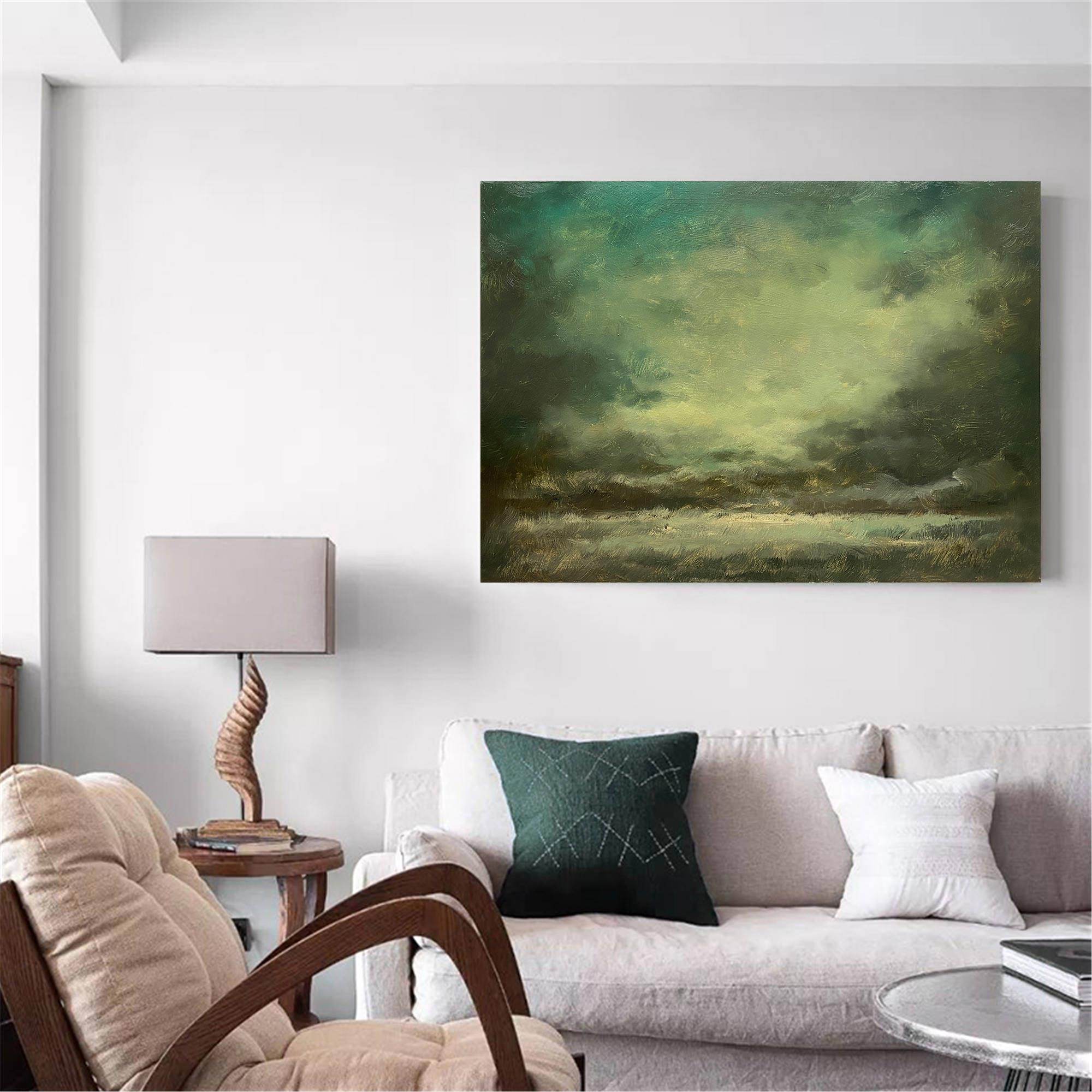 Abstract Forest Green Moody Landscape Oil Acrylic Linen Canvas Painting