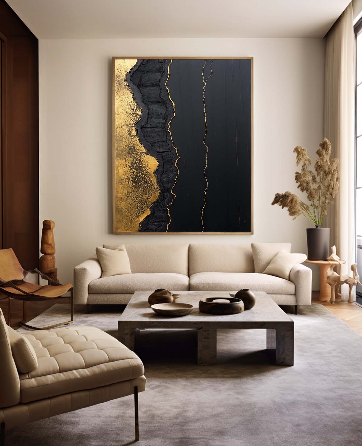 Dark Black‑Gold Foil Abstract Heavy‑Rugged Raised Tactile Textured Artwork
