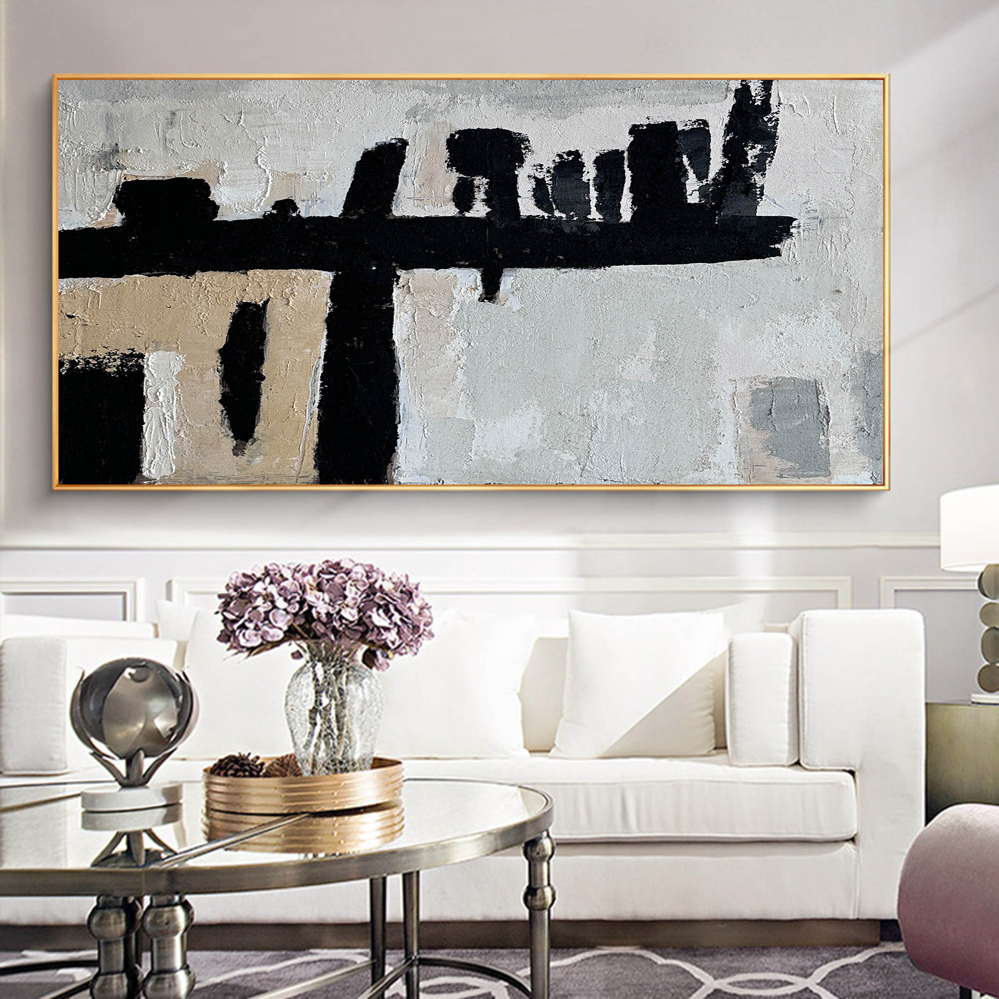 Black‑Beige Horizontal Bold‑Stroke Impasto‑Textured Artwork