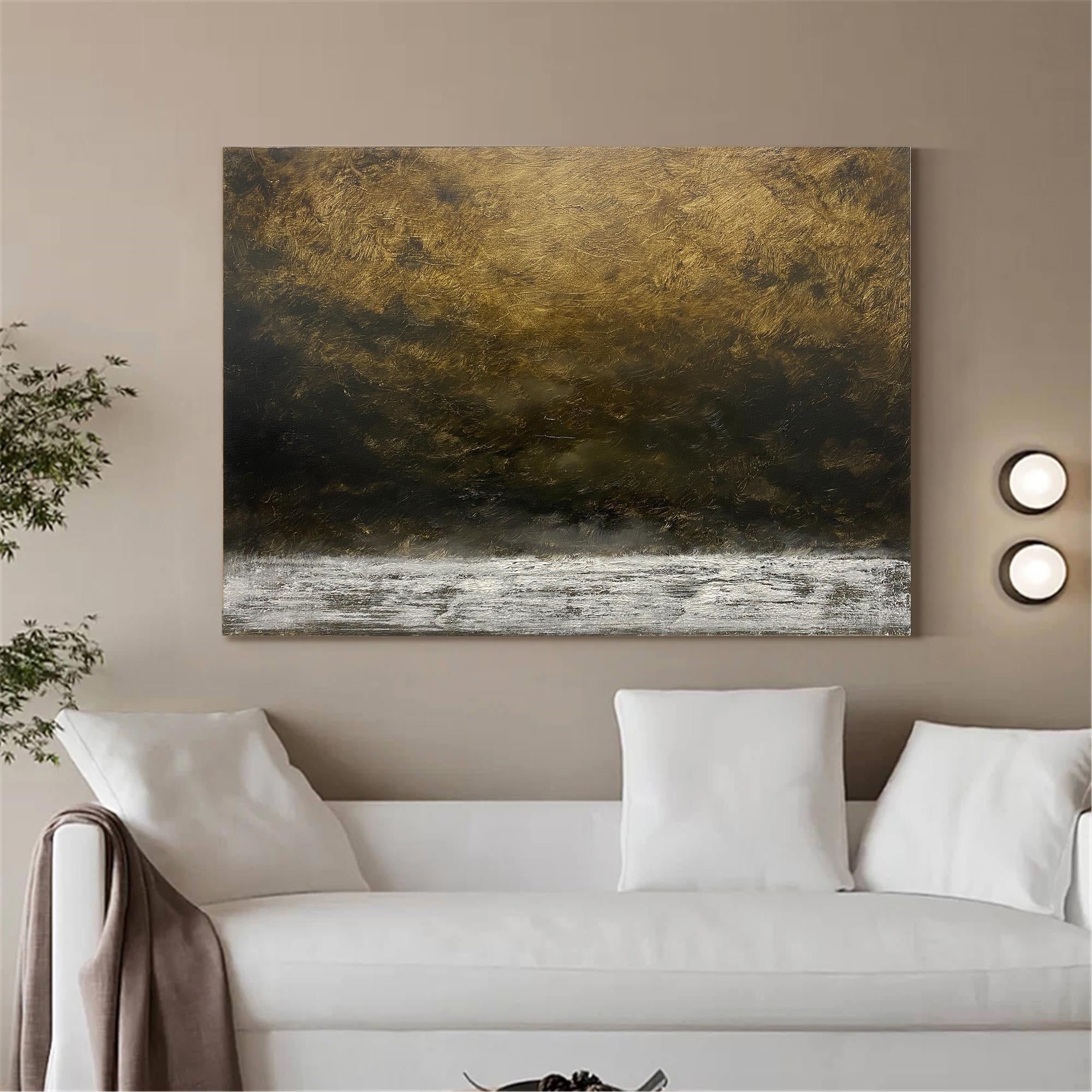 Abstract Brown Earth Tone Aged Landscape Oil Acrylic Linen Canvas Painting