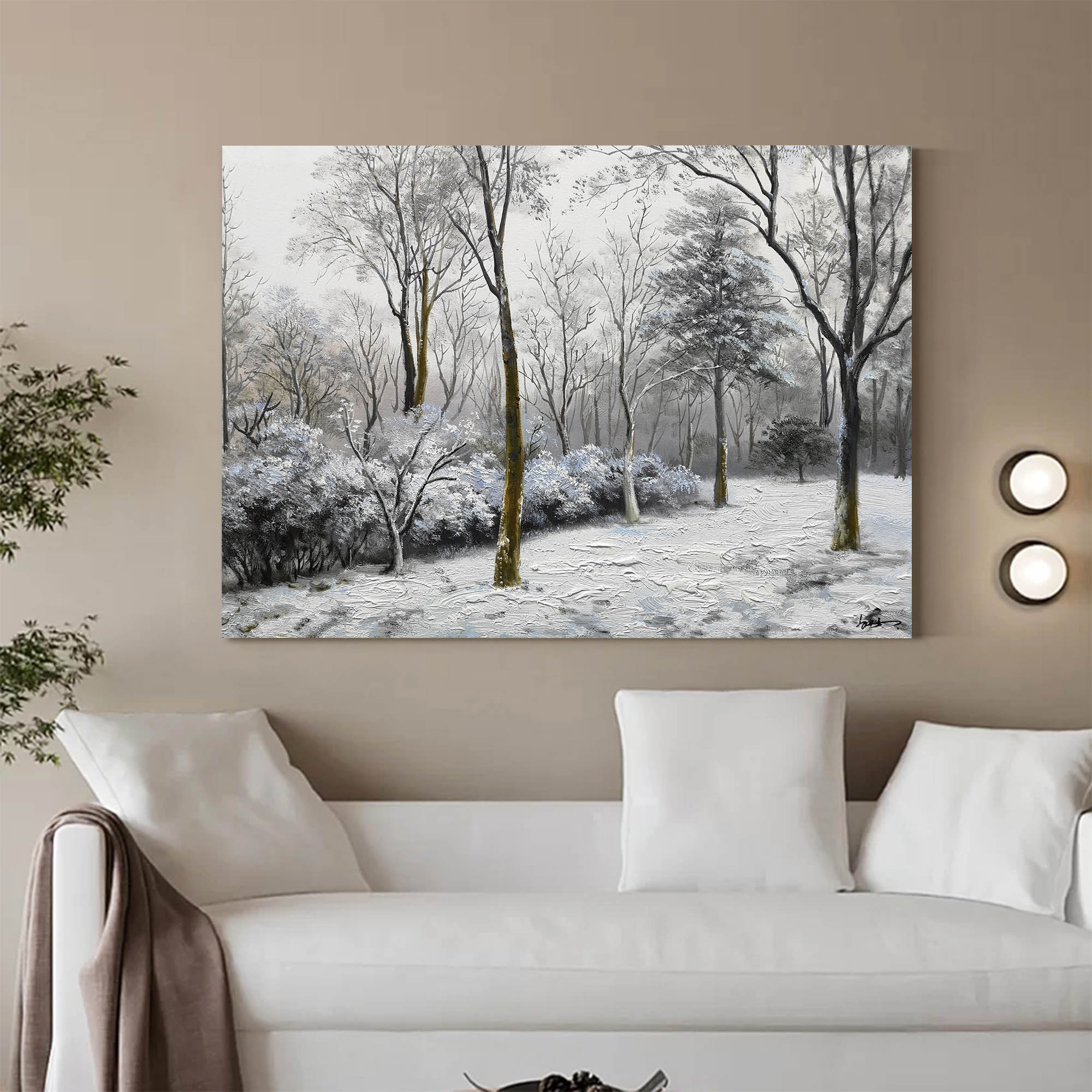 Wintry Snow‑Covered Forest Scene Muted‑Tone Peaceful Wall Art Piece